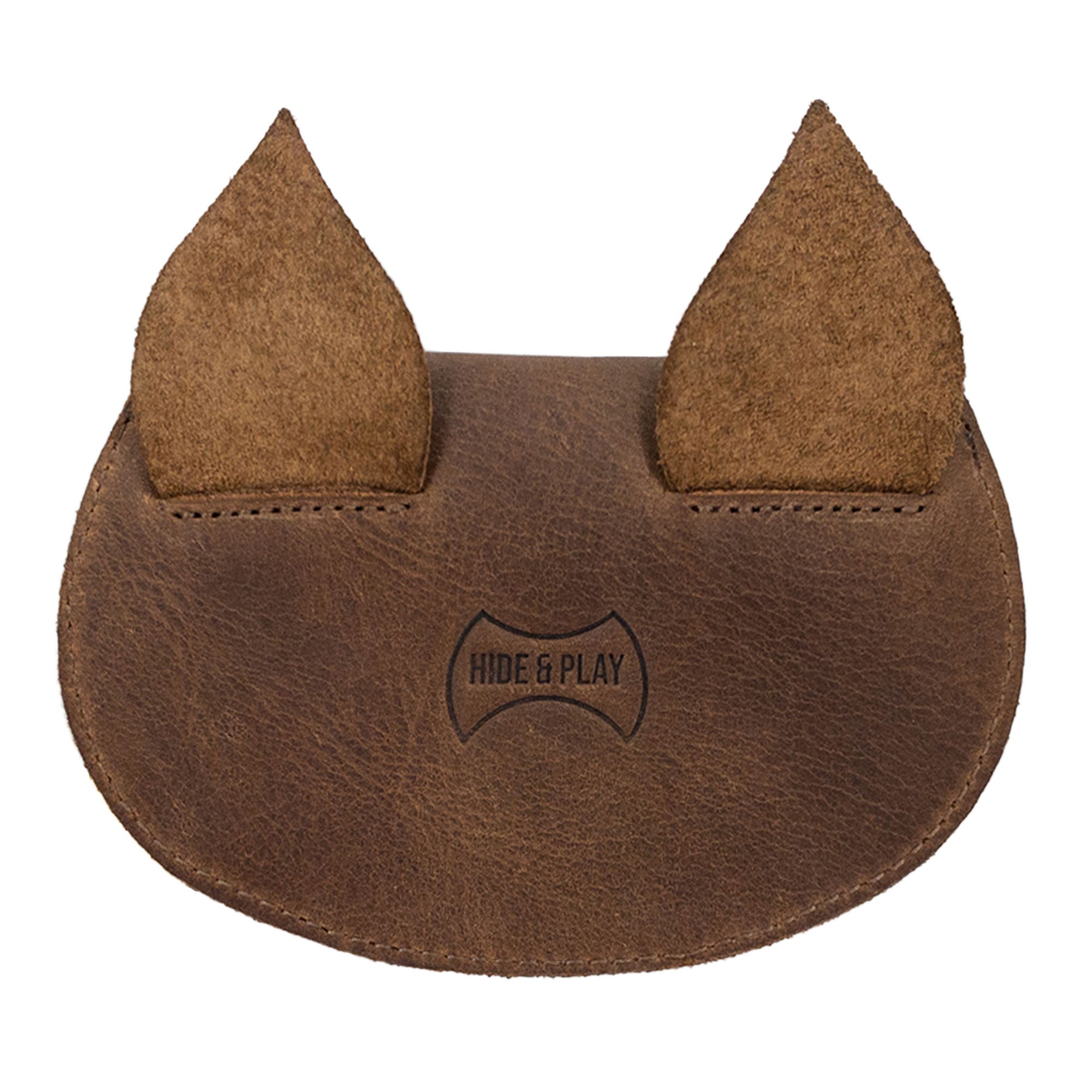 Back view of the Foxy Head Shape Coin Pouch by Hide & Play, featuring its unique design in Full Grain Leather. This small batch production accessory is hand cut and hand sewn, fire branded, emphasizing the artisan skills from La Antigua Guatemala & Oaxaca Mexico. A stylish and practical addition to your collection.