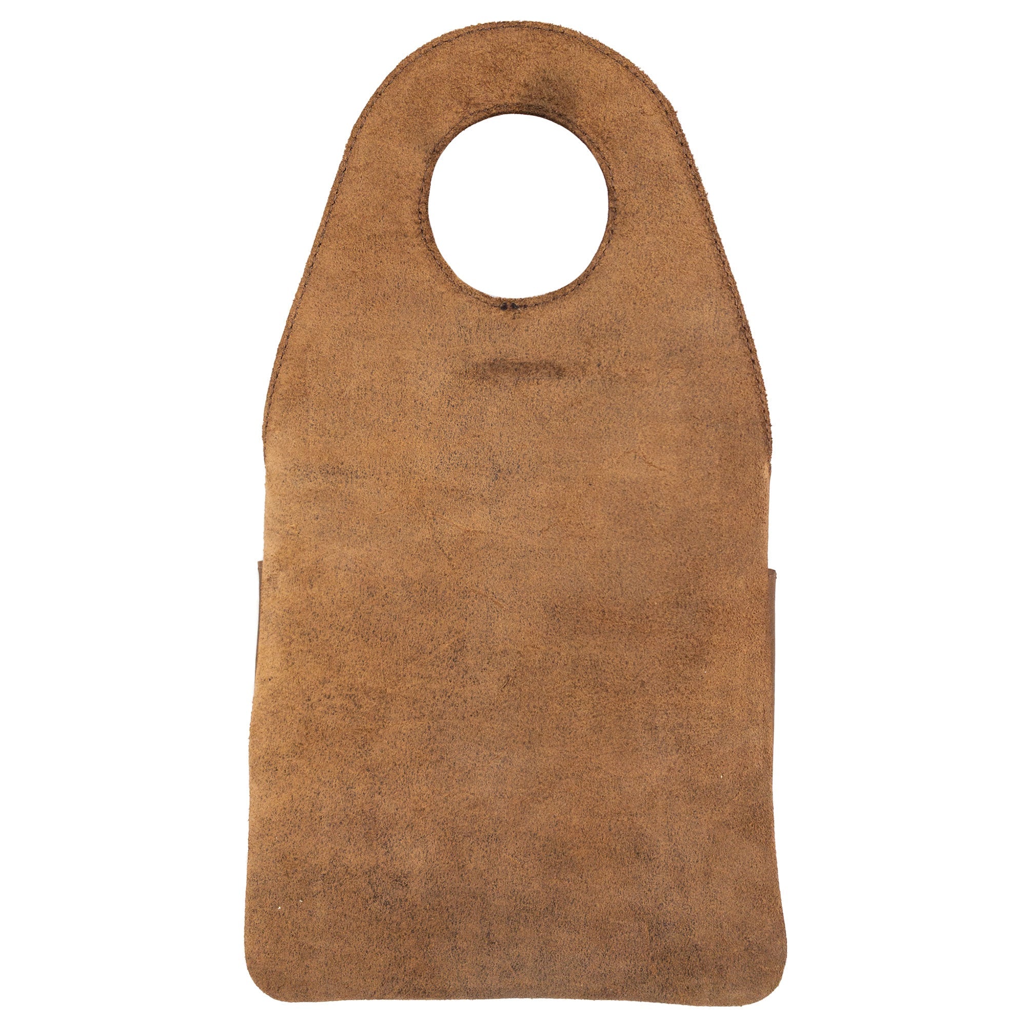 The back view of Hide & Drink's Seat Side Organizer for Gear Stick showcasing its sturdy Full Grain Leather. Ideal for organizing your charges, cables, and everyday essentials, this handmade artisan product emphasizes the quality of small batch production. Hand cut and sewn with care, it's designed for durability and style, made in La Antigua Guatemala & Oaxaca Mexico.