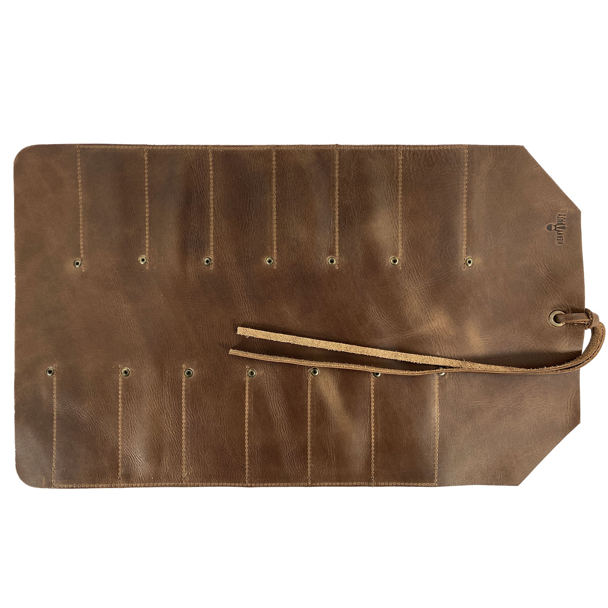 Another view of the 12 Pocket Tool Roll - Home Storage from Heavy Duty Hide, showcasing its 12 slots and robust Full Grain Leather design. Perfect for workshops and a stylish woodworking tools organizer. This portable carry-on pouch embraces vintage style and small batch production.