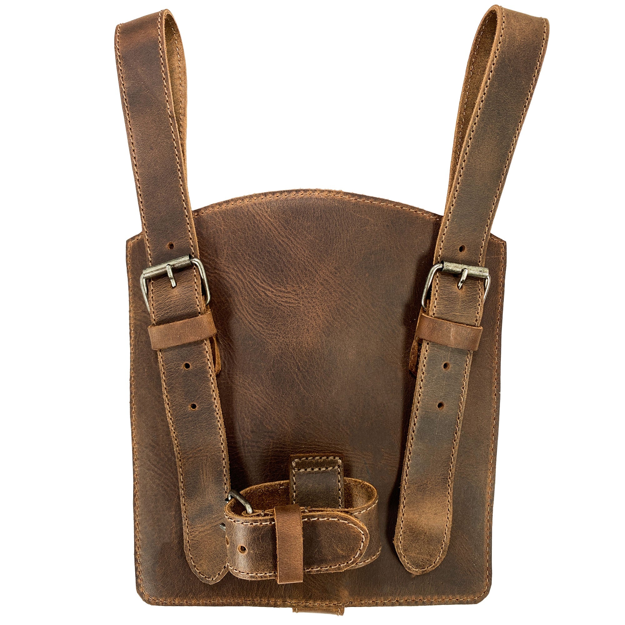 Back view of the Bike Handlebar Cup Holder by Hide & Ride, highlighting adjustable straps and full grain leather craftsmanship. Bike Handlebar Cup Holder Handmade from Full Grain Leather - Beverage Pouch for Commuters, Minimalist Bikers, Cyclers, Urban Nomad, Full Grain Leather, StockyardX, Small Batch Production, Hand Cut, Hand Sewn, Fire Branded, Artisan, Handmade in La Antigua Guatemala & Oaxaca Mexico.