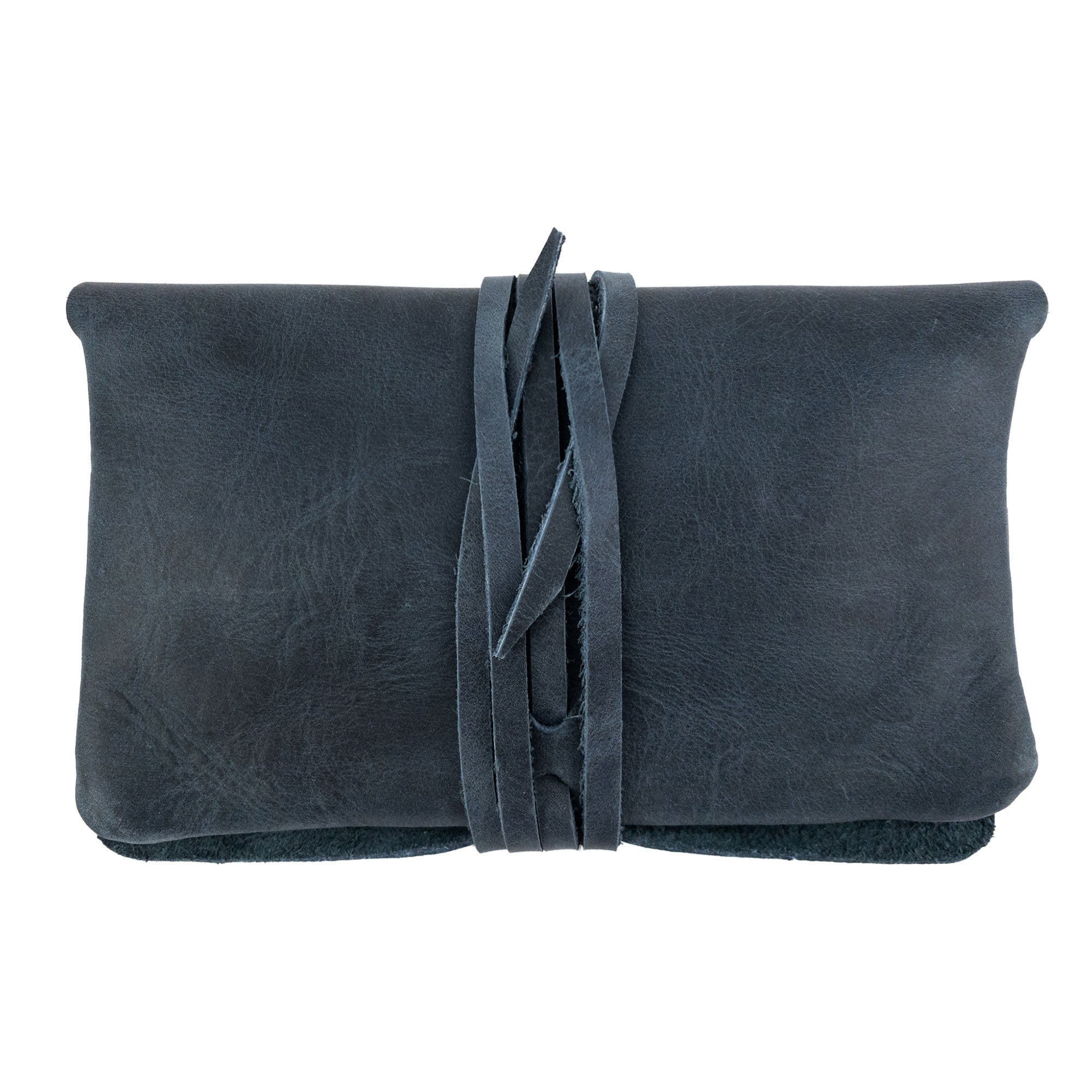 Back view of Hide & Drink's King Size Tobacco Pouch, demonstrating the quality and craftsmanship in its handmade design. This vintage storage option is perfect for tobacco accessories.