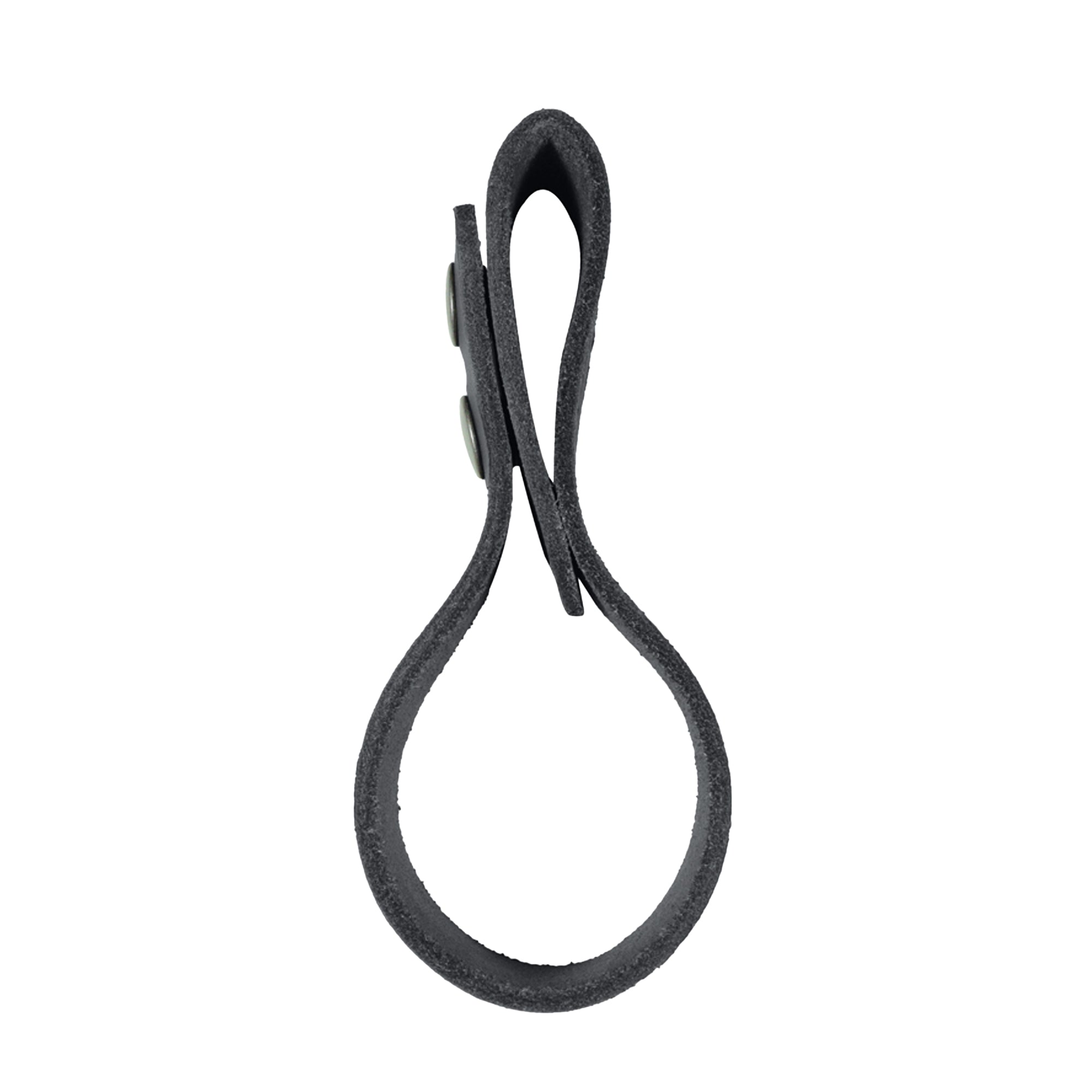 The Thick Whip Holder by Hide & Play, similar to the previous version but in a sleek black finish, designed as a whip holster made from thick full grain leather. This belt loop bullwhip holder supports pastoral tools, demonstrating the quality of small batch production through its hand cut, hand sewn craftsmanship, fire branded and artisan-made in La Antigua Guatemala & Oaxaca Mexico.
