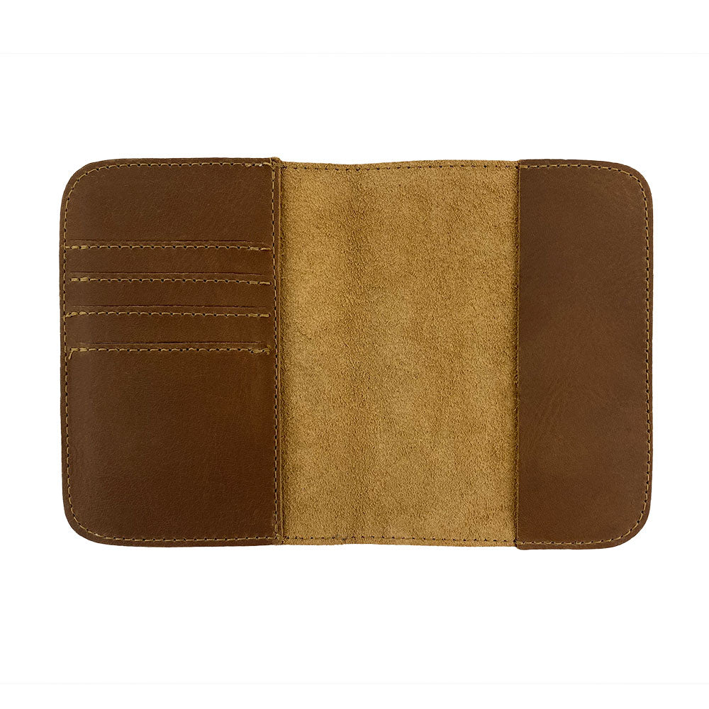 Inside view of the Hide & Drink Travel Wallet featuring card slots and a money pocket. A perfect travel wallet, this men’s bifold passport case is handcrafted from durable full grain leather in La Antigua Guatemala.