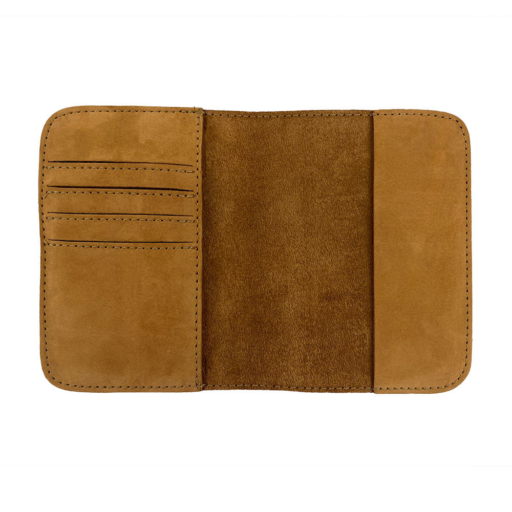 Interior compartments of the Hide & Drink Travel Wallet showcasing efficient design. This travel wallet is a stylish bifold passport case, artisan-made with full grain leather in La Antigua Guatemala.