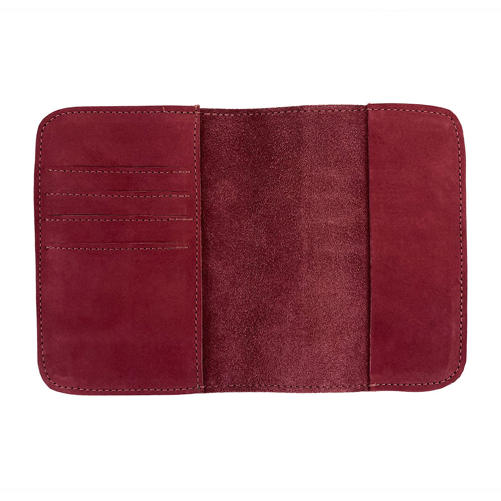 Inside layout of the Hide & Drink Travel Wallet displaying the card and cash compartments. This travel wallet acts as a handy bifold passport case, meticulously designed in La Antigua Guatemala.