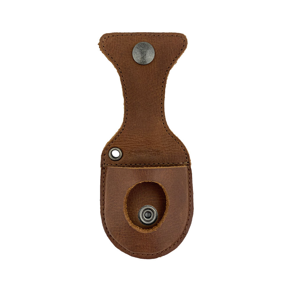 Hide & Drink Pocket Watch Holder and Case with strap, highlighting its functional design to secure pocket watches. This pocket watch case is a rustic protector holder made from full grain leather, featuring artisan craftsmanship with hand cut and hand sewn details, crafted in La Antigua Guatemala & Oaxaca Mexico.