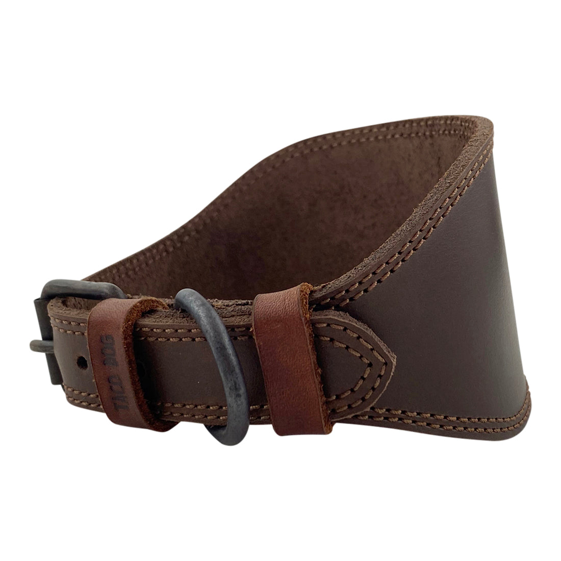 Side perspective of a Sighthound Dog Collar by Taco Dog highlighting its unique design and sturdy material. This collar combines comfort and durability for your dog, made from Full Grain Leather and crafted in small batches by skilled artisans.
