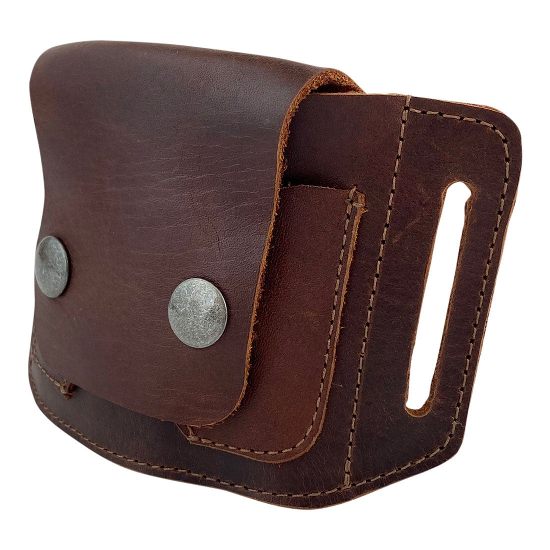 Side view of the Hide & Drink Tactical Card Holder displaying its practical pocket design and button snap closures. This full grain leather card holder is perfect for convenient card storage while on-the-go. Crafted through small batch production, it features hand cut and hand sewn details along with fire branding. Artisan craftsmanship from La Antigua Guatemala & Oaxaca Mexico.