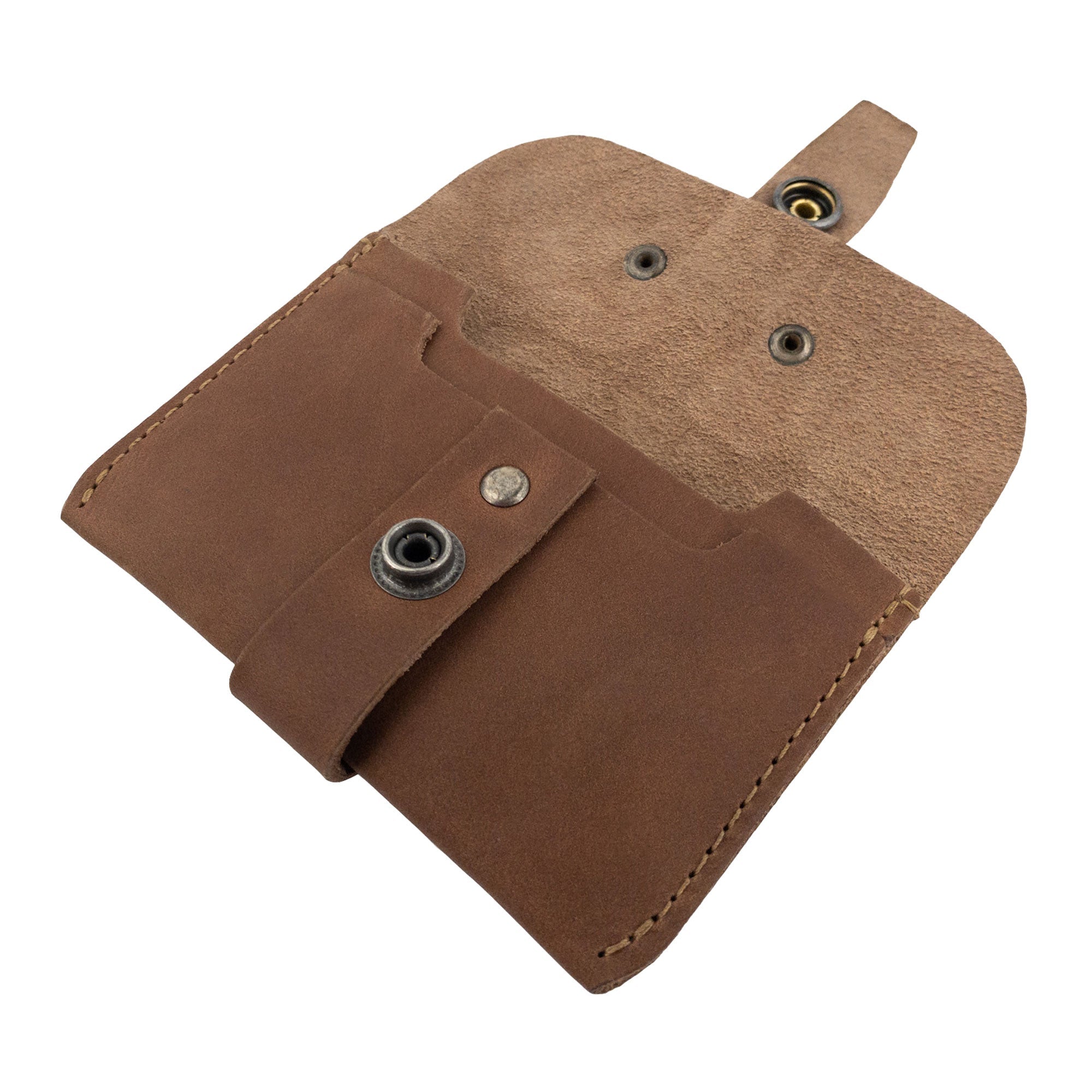 Interior view of Hide & Drink's brown Credit Card Holder, showcasing its spacious design for cards. This handcrafted minimalist front pocket wallet is a result of artisan skills in La Antigua Guatemala, made from Full Grain Leather.