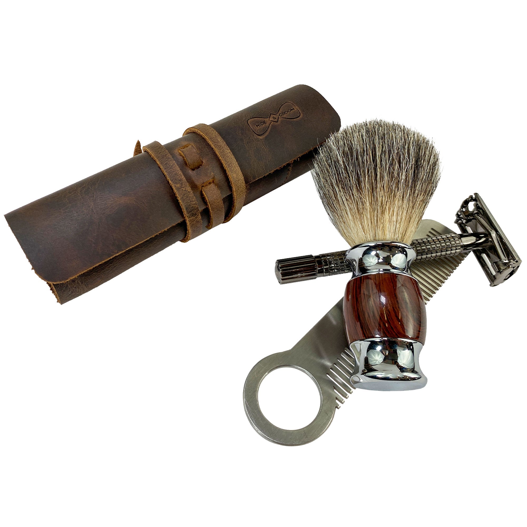 Hide & Groom Shaving Brush Roll showcasing a full grain leather design, perfect for travel and grooming essentials. This artisan-crafted toiletry organizer highlights minimalist style, made by hand in La Antigua Guatemala. StockyardX contributes to this small batch production, ensuring each piece is hand cut and hand sewn with fire branding for a personal touch.