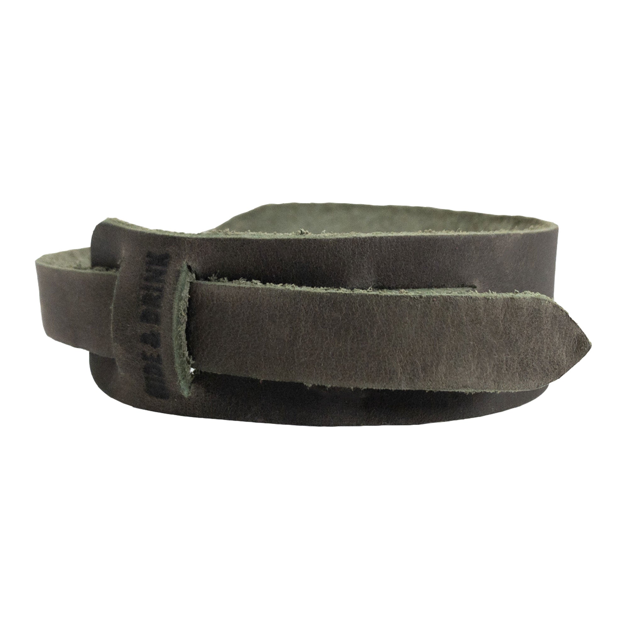 Back view of the green Hide & Drink Minimalist Wristband showcasing the premium quality of full grain leather. This stylish cuff features an adjustable strap and hand sewn details, made by artisans in La Antigua Guatemala and designed by StockyardX.