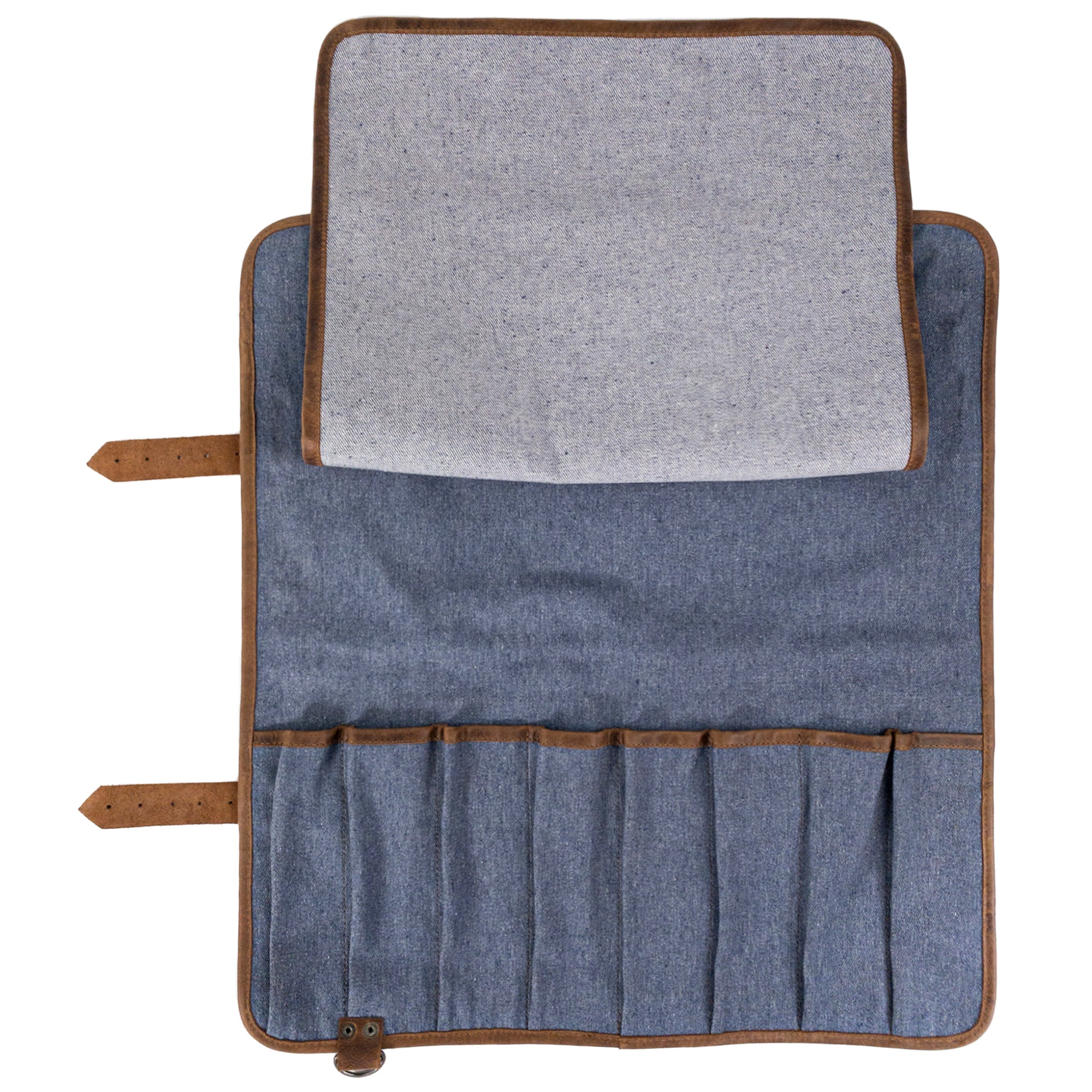 Hide & Drink Knife Roll With Water Resistant Lining (8 Pockets) featuring stylish brass buckles. This elegant Chef's Knife Roll Bag (8 Pockets) serves as a functional portable knife organizer.