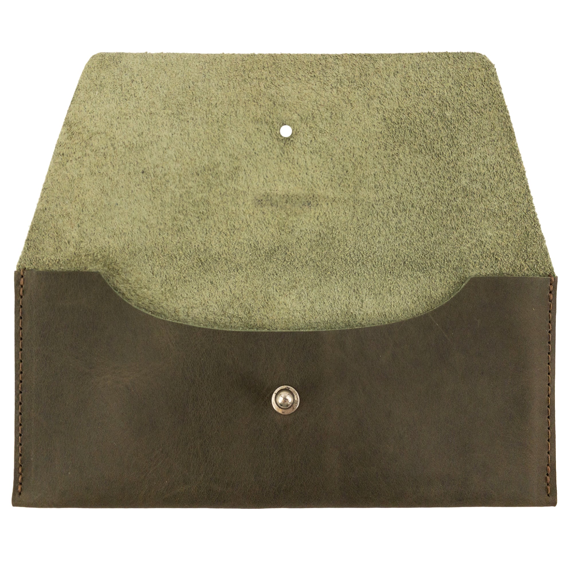 Interior view of the Long Utility Pouch by Hide & Drink in green, showcasing its soft suede lining. This versatile wallet is ideal for carrying cash and cards.