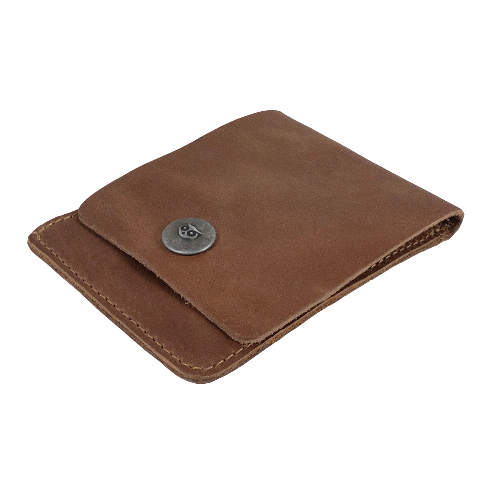 Interior view of the brown Vertical Wallet by Hide & Drink emphasizing storage for bills and cards. This Vertical Front Pocket Wallet with Card Slot merges style and compactness, crafted of strong full grain leather through small batch production, highlighting hand cut and hand sewn finishes with fire branding for uniqueness. Handmade in La Antigua Guatemala & Oaxaca Mexico.