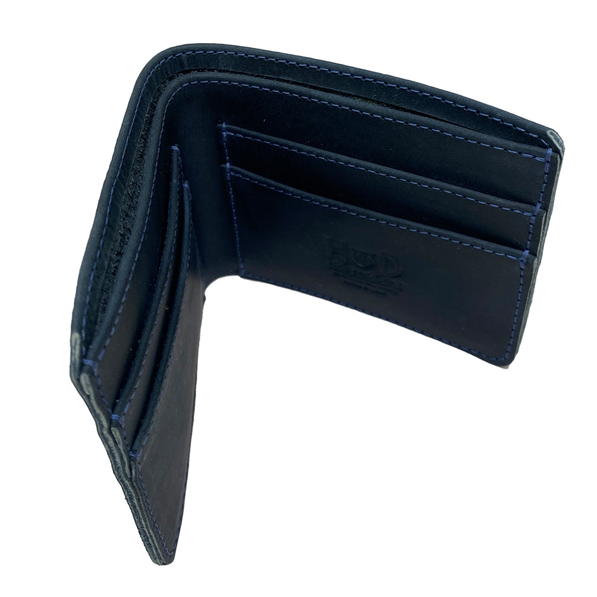 Hide & Drink's blue Bifold Wallet showing its interior layout for cards. This Slim Bifold Wallet acts as a classic billfold for pocket or bag, ideal for storing money and cards as a practical travel accessory, crafted from full grain leather and handmade in La Antigua Guatemala & Oaxaca Mexico.