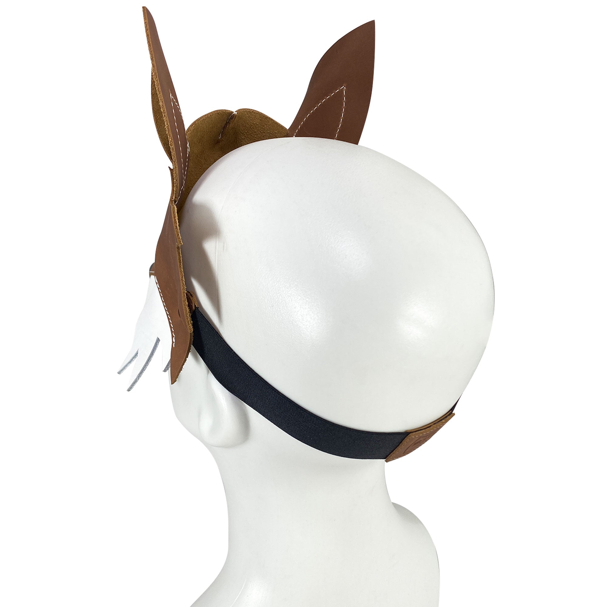 Back view of Fox Mask, demonstrating the secure elastic strap. This handmade accessory is crafted from full grain leather, making it a standout choice for costumes. Produced by Hide & Play using traditional artisan methods.