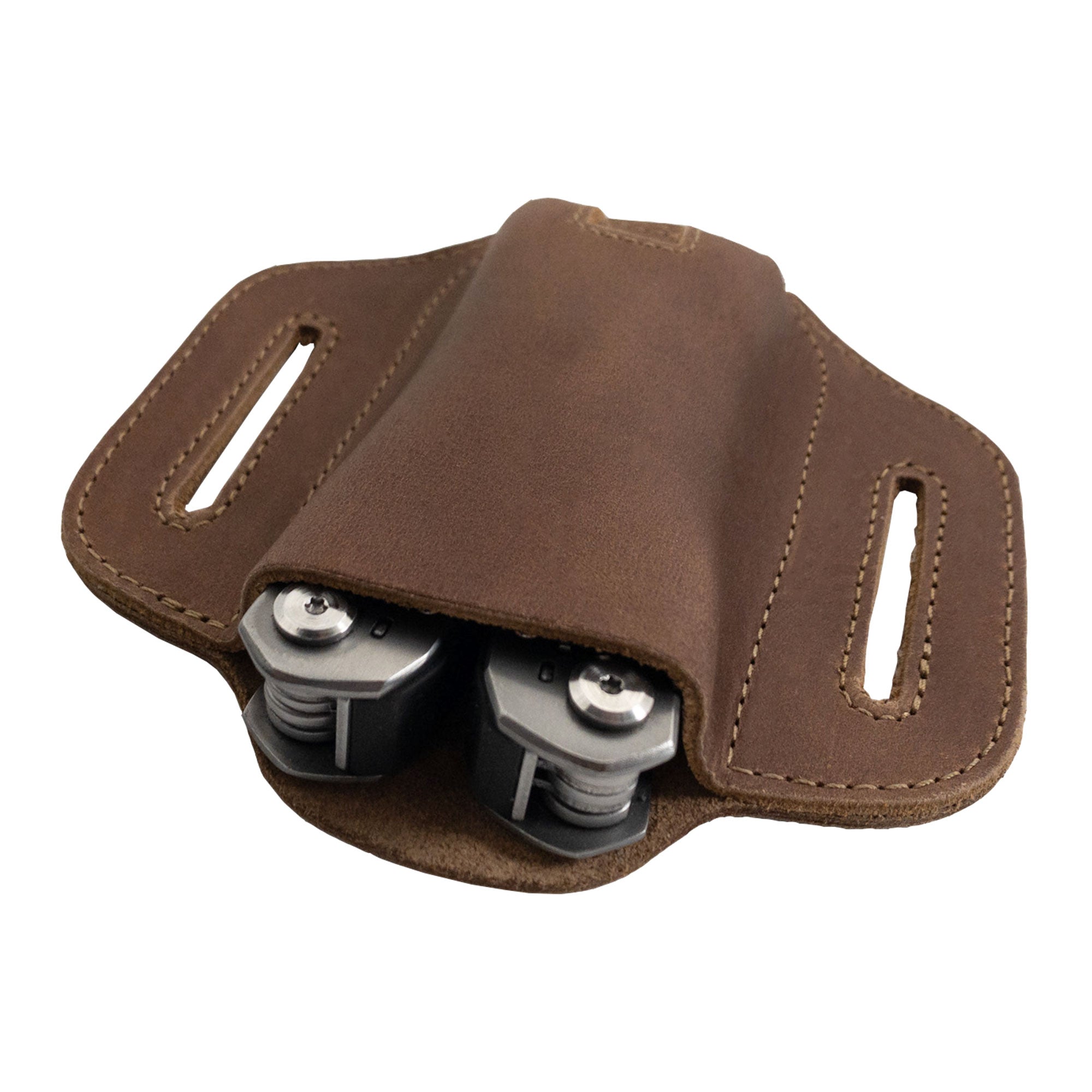 Close-up of the brown Multitool Belt Sheath by Hide & Drink exhibiting tools secured. This multi-tool holder for belt is perfect for outdoor enthusiasts, showcasing high-quality full grain leather alongside artisan craftsmanship.