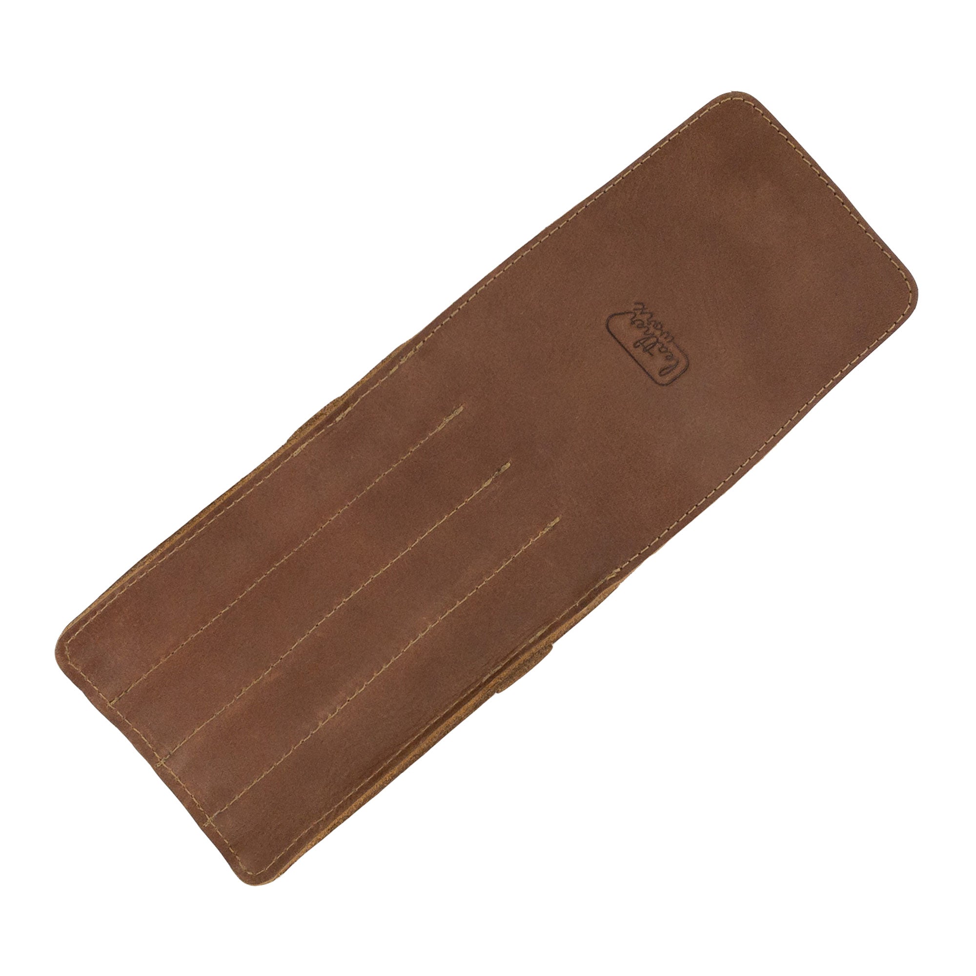 Side angle of the Leather Worx 4-Pen Holder in light brown leather, highlighting its stylish and functional minimalist appeal. Made with full grain leather, this handmade pencil case showcases artisan craftsmanship, hand sewing, and fire branding, proudly made in La Antigua Guatemala.