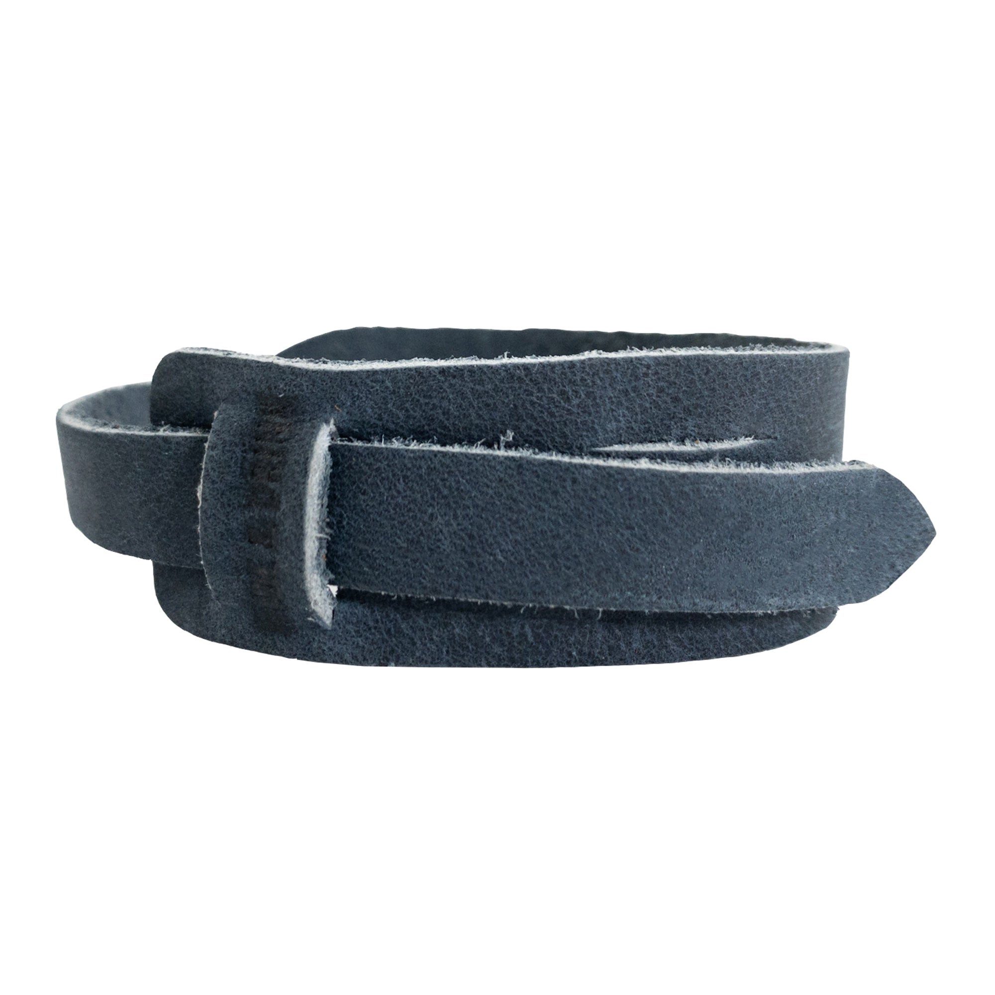 Back view of the navy Hide & Drink Minimalist Wristband, illustrating the quality of craftsmanship and full grain leather texture. This stylish cuff features an adjustable strap, emphasizing artisan workmanship from StockyardX in La Antigua Guatemala.