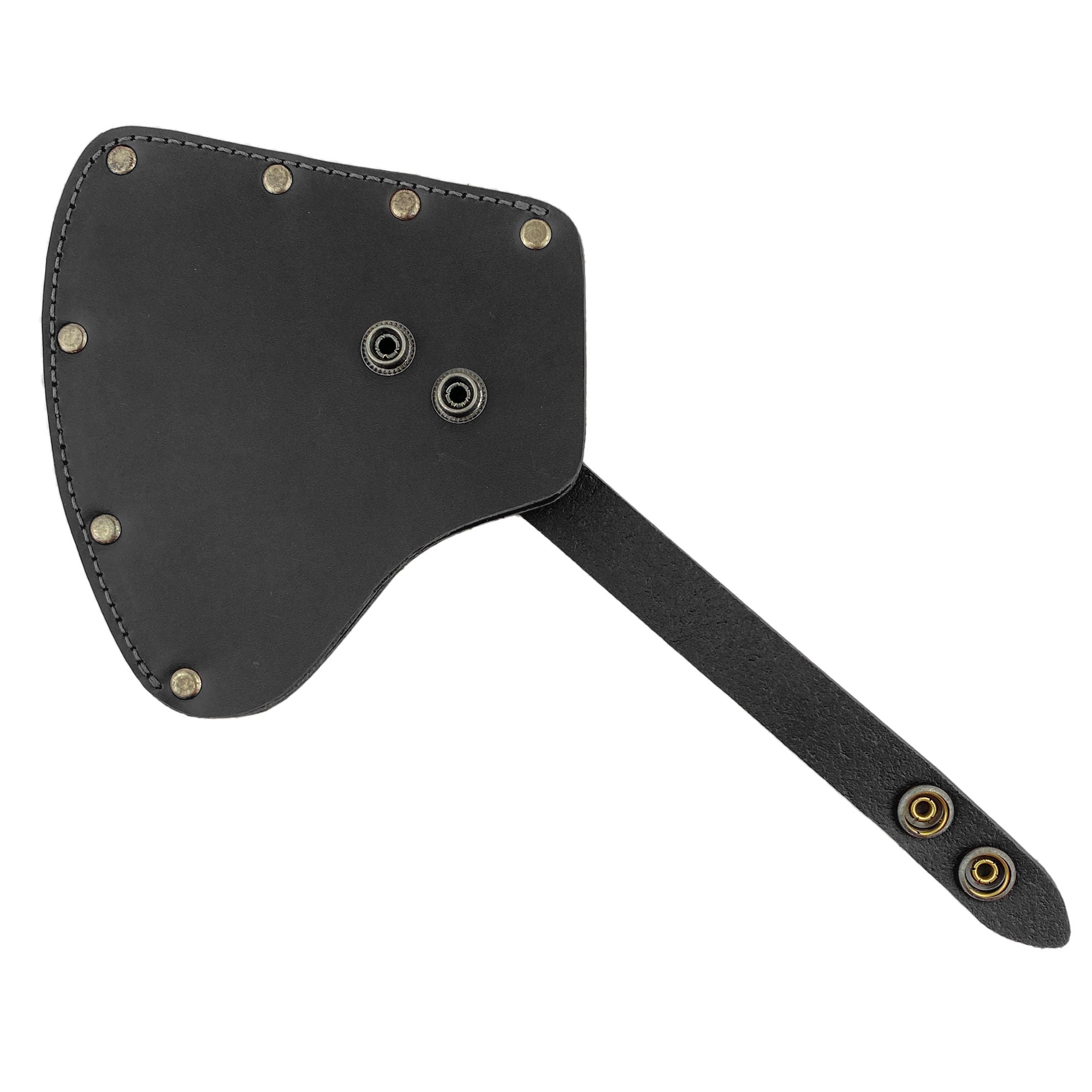 A side view of the black Valhalla Gear Camper Axe Head Sheath featuring its stylish strap and button closure. This protectively designed hatchet blade safety sleeve is made from durable full grain leather, an essential camping accessory for lumberjacks, reflecting artisanal quality from Guatemala.