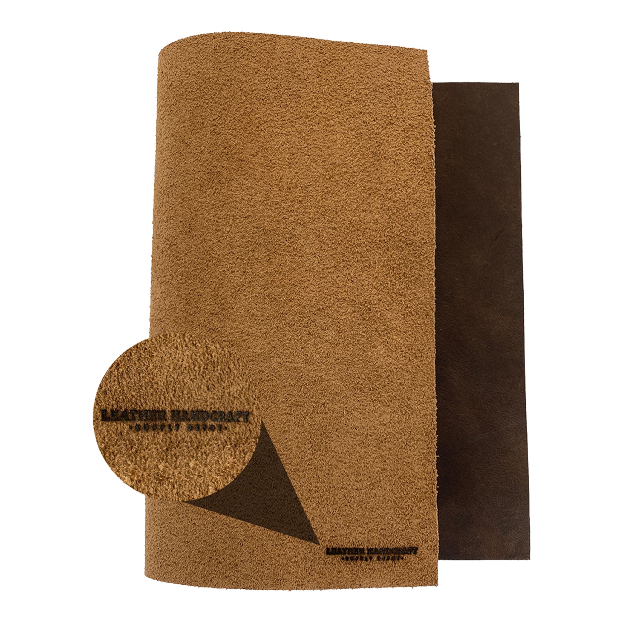 A double-sided view of a light brown and dark brown Leather Rectangle 8 x 11 in. from Thick Full Grain Leather (2.6 to 2.8mm) by Leather Handcraft Supply Depot for versatile crafting. This Full Grain Leather Rectangle (8 X 11 in.) from Thick Full Grain Leather (2.6 to 2.8mm) is perfect for DIY projects in hobby workshops, artisan creations, and fire branded accents, handmade in La Antigua Guatemala & Oaxaca Mexico.