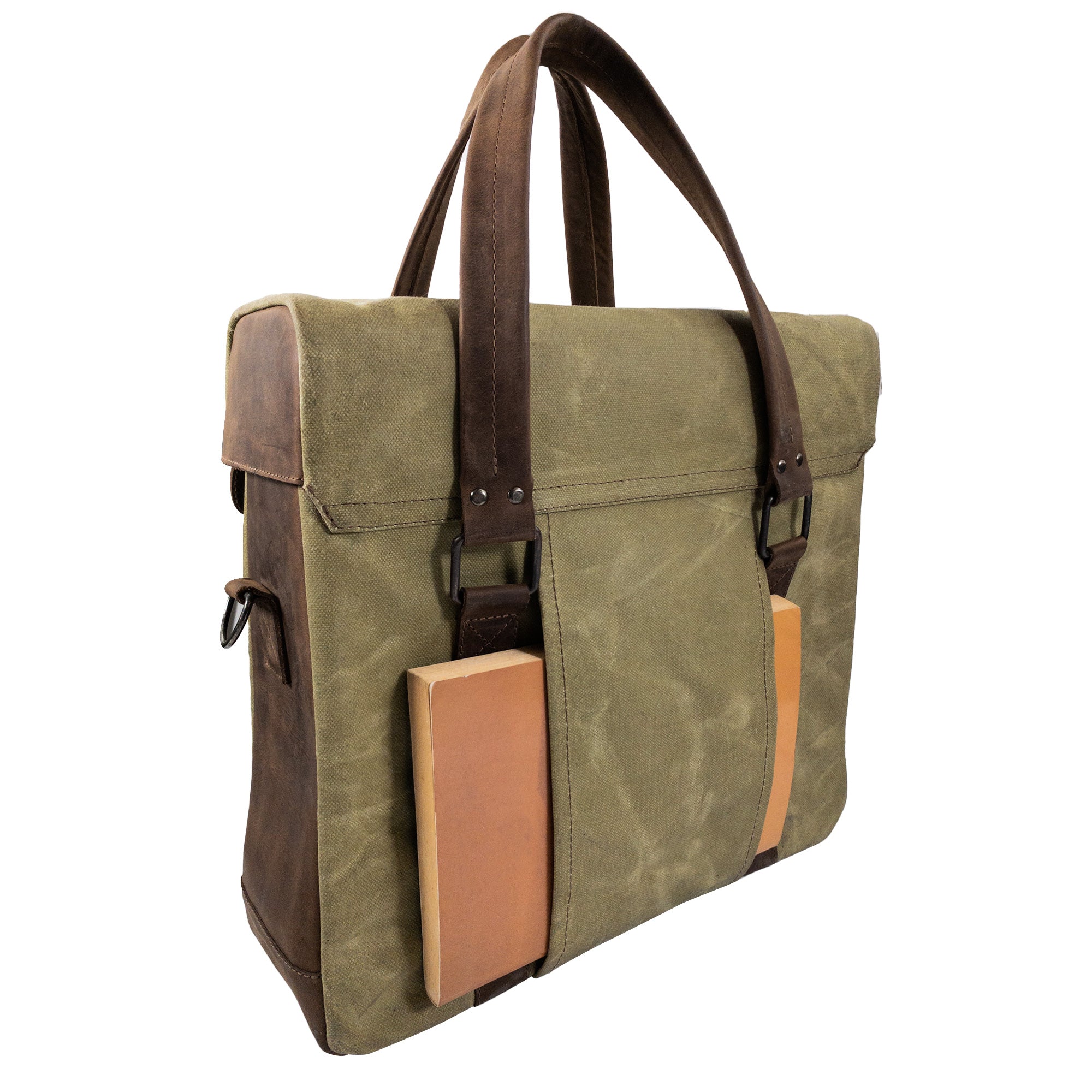 Back view of the Vinyl Records Messenger Bag by Hide & Drink, highlighting the sturdy construction with a sleek design. This bag is a great choice for musicians and vinyl lovers, representing handmade quality from La Antigua Guatemala & Oaxaca Mexico, made from waxed canvas and full grain leather.