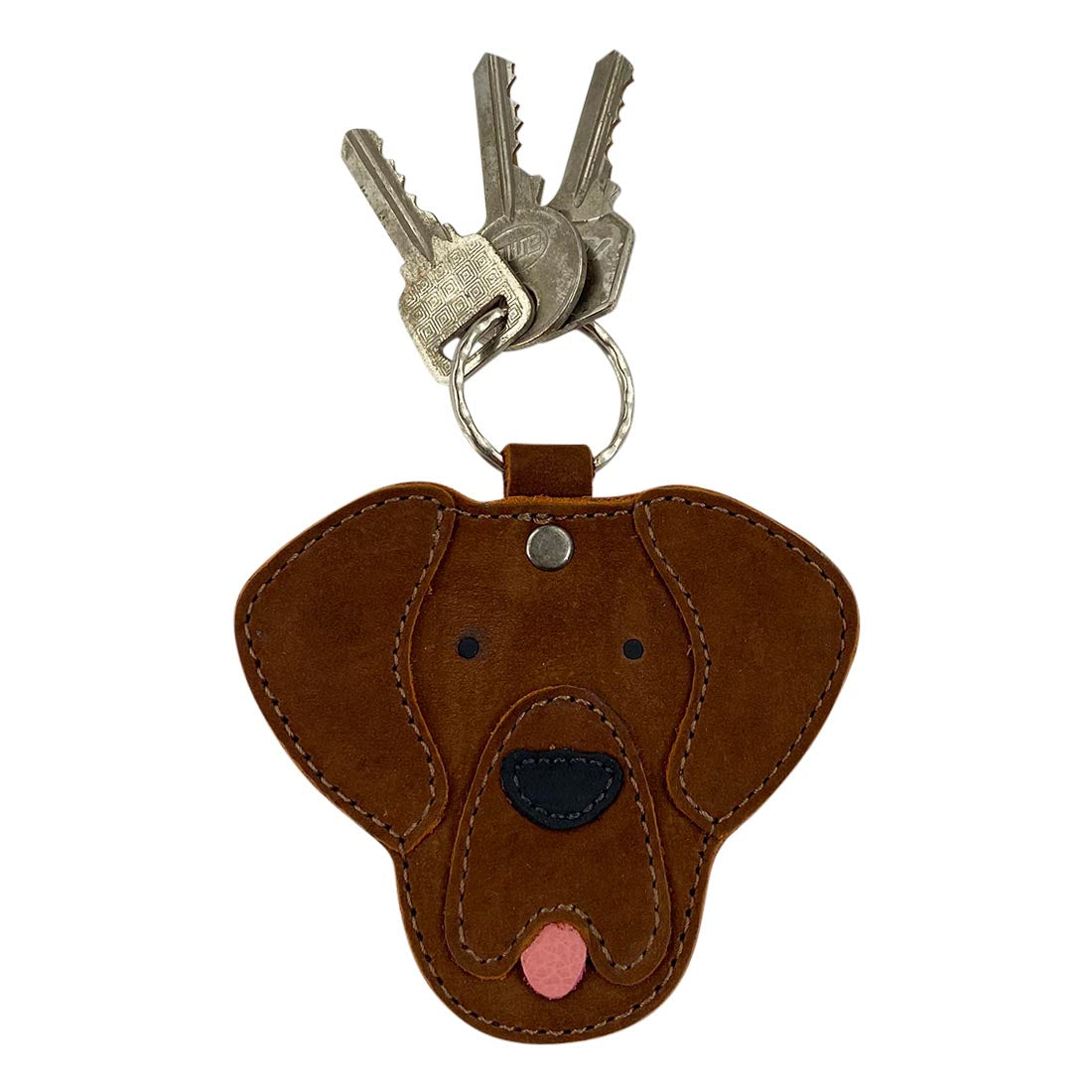 Labrador Dog Critter Keychain by Taco Dog featuring keys, showcasing its adorable design. Crafted from Full Grain Leather, this handmade piece emphasizes artisan quality and small batch production ideal for all dog lovers.