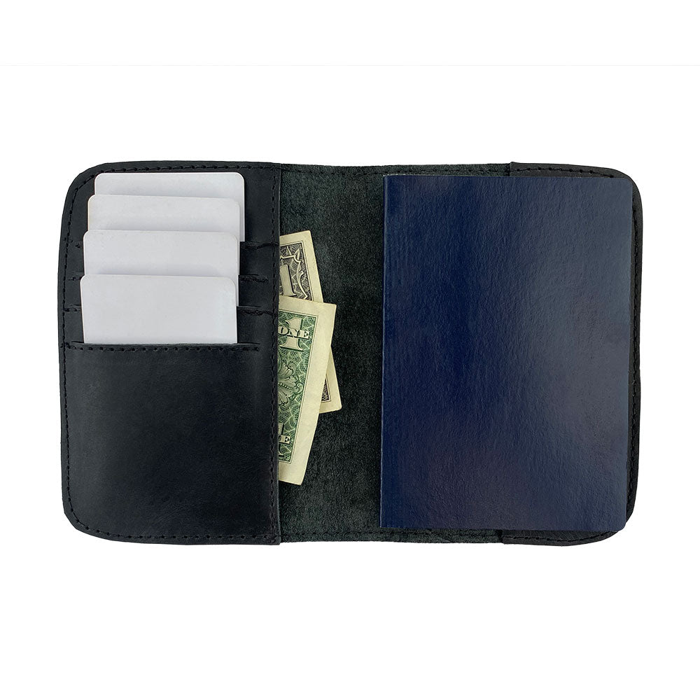 Full image of the Hide & Drink Travel Wallet showcasing its craftsmanship. This travel wallet is an elegant bifold passport case handmade from premium leather in La Antigua Guatemala.