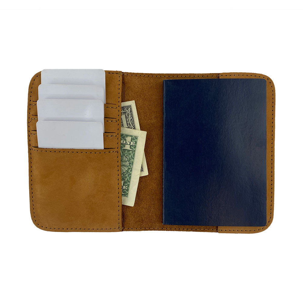 Front profile of the Hide & Drink Travel Wallet in a rich color. This travel wallet serves as a bifold passport case, handcrafted from premium leather in La Antigua Guatemala.