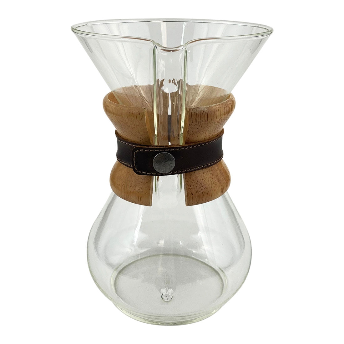 Chemex Strap Replacement showcased on a glass Chemex pour-over coffee maker, crafted by Hide & Drink. This durable strap is a perfect accessory for your Chemex, featuring Full Grain Leather, ideal for a stylish coffee experience. Pour Over Strap (2 Pack) Compatible with Chemex 6-Cup Glass, made with artisan quality in small batch production, hand cut and hand sewn, fire branded in La Antigua Guatemala & Oaxaca Mexico.