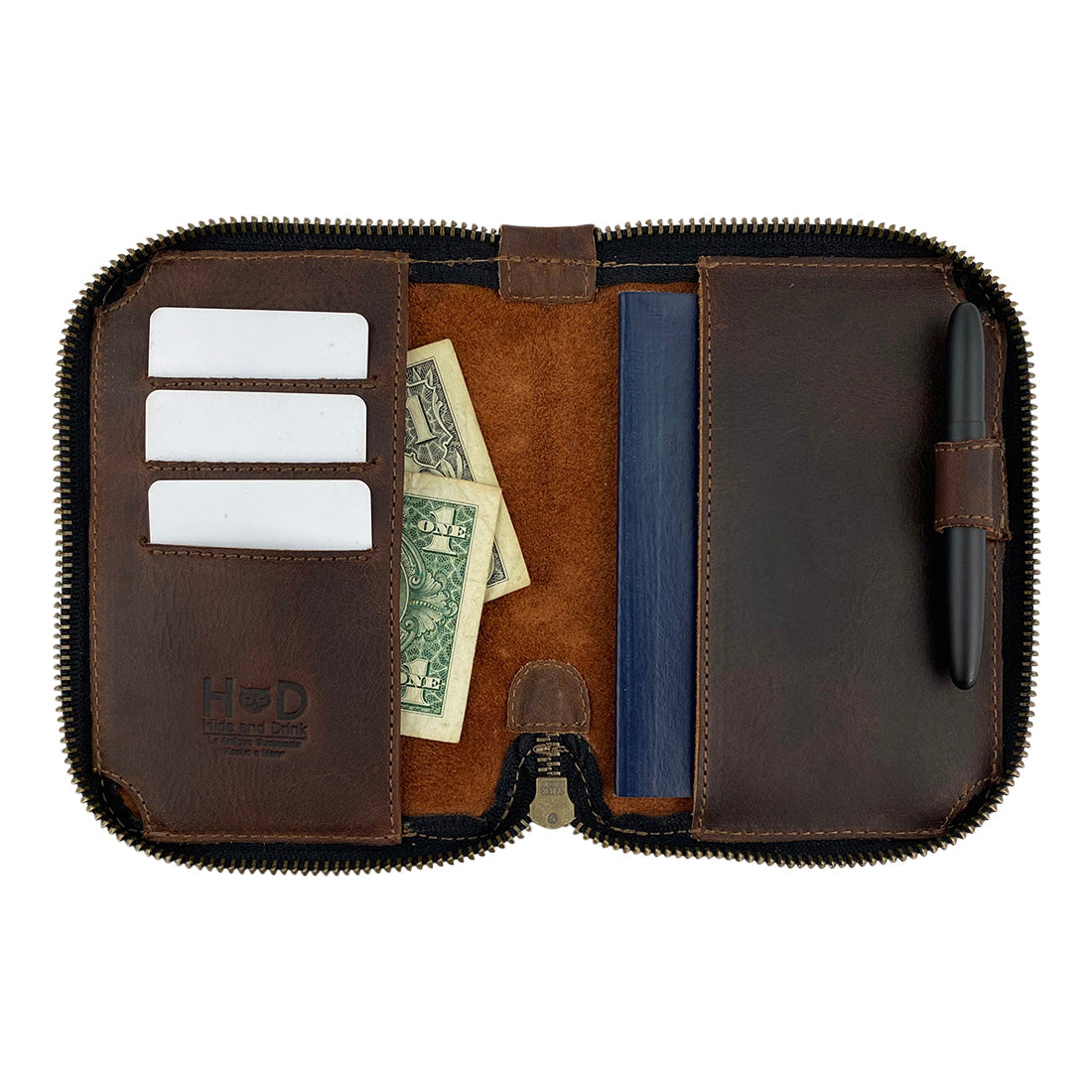 Open view of the Zippered Passport Wallet by Hide & Drink, showcasing the interior organization for bills and cards, all made from durable Full Grain Leather. Zippered Passport Wallet Handmade from Full Grain Leather - Storage Case for Identification, Credit Cards, Cash Full Grain Leather, StockyardX, Small Batch Production, Hand Cut, Hand Sewn, Fire Branded, Artisan, Handmade in La Antigua Guatemala & Oaxaca Mexico.
