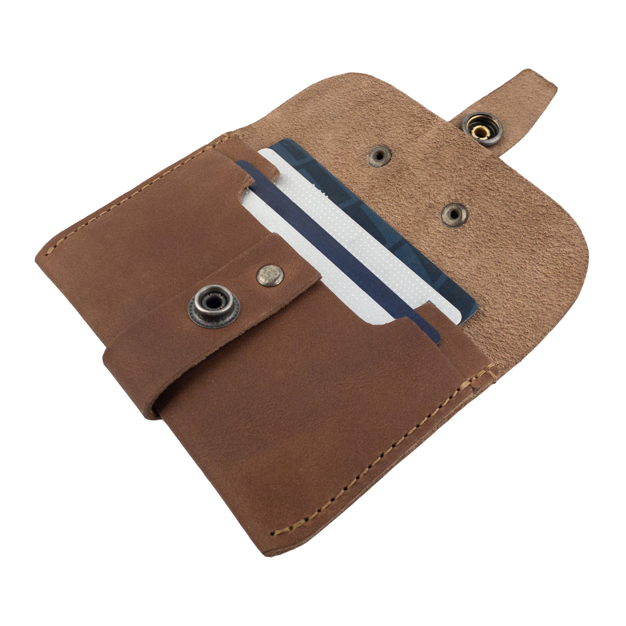 Another view of the interior of Hide & Drink's brown Credit Card Holder, emphasizing practicality with card slots. This artisanal Full Grain Leather wallet is perfect for the stylish minimalist seeking everyday functionality.