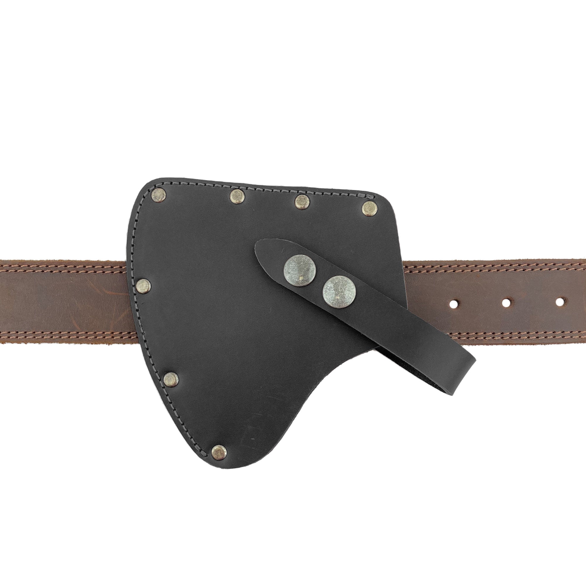 The Valhalla Gear Camper Axe Head Sheath mounted on a belt, demonstrating its practicality in outdoor settings. This hatchet blade safety sleeve made from full grain leather serves as a durable camping accessory, ideal for enthusiasts who appreciate artisan-crafted gear from La Antigua Guatemala.