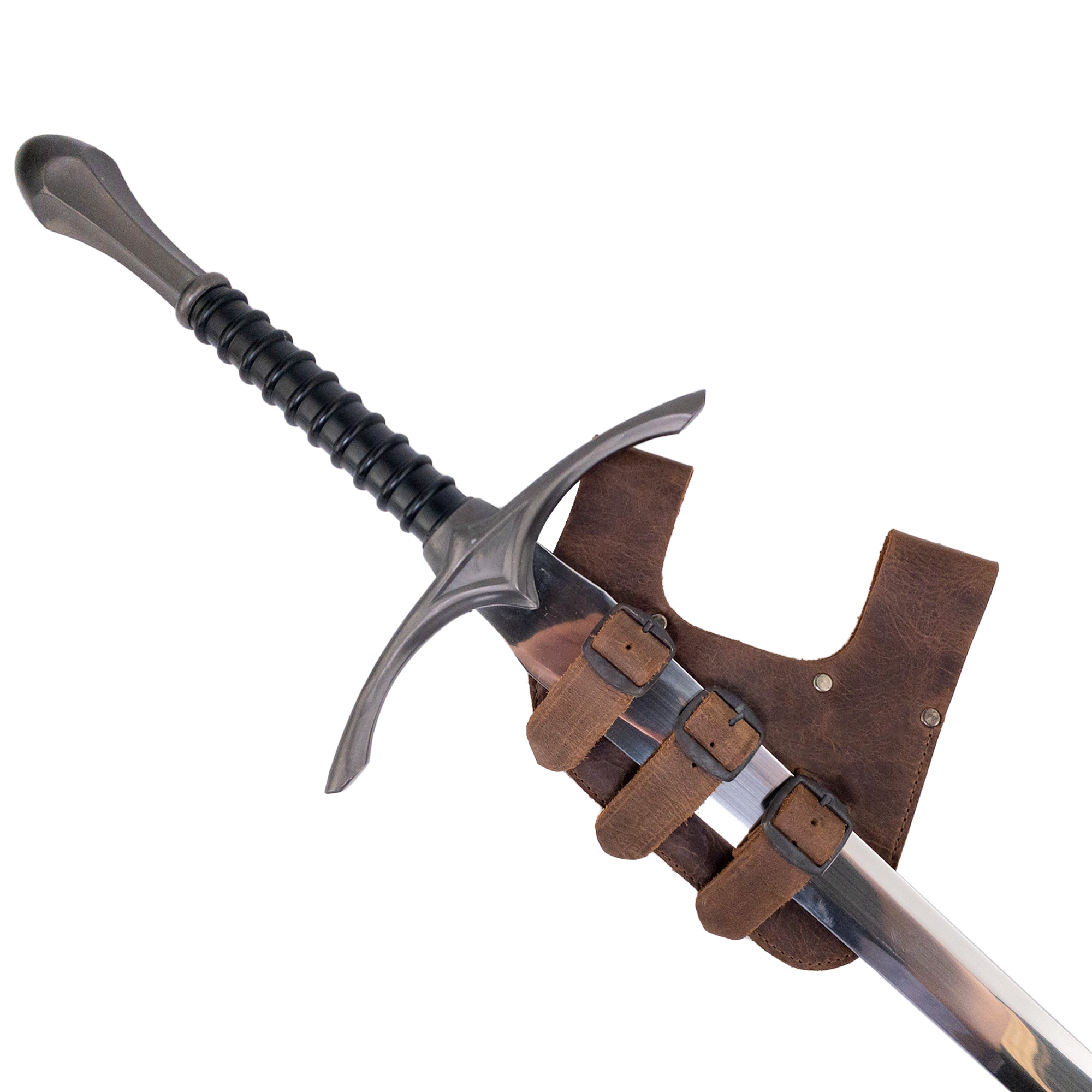 A Medieval Sword Holder with 3 Buckles by Hide & Play, elegantly holding a sword. This Full Grain Leather accessory is ideal for Fantasy Cosplay and makes a great Historical Costume Accessory. Enjoy the craftsmanship of Small Batch Production, Hand Cut, Hand Sewn, and Fire Branded work, handmade in La Antigua Guatemala & Oaxaca Mexico.