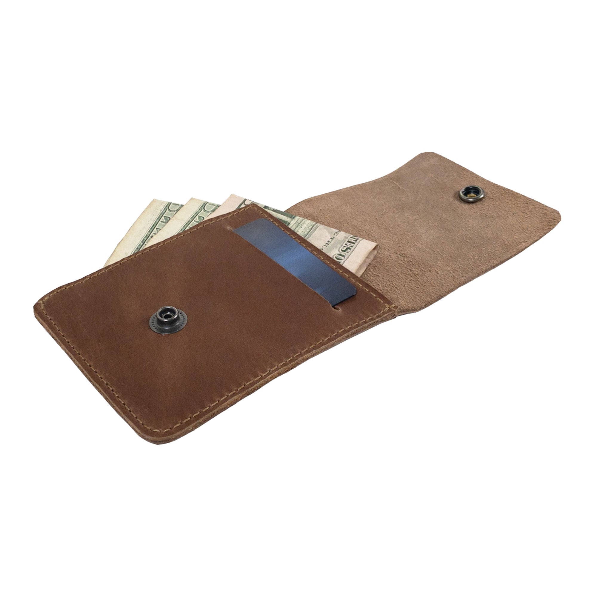 Back view of the brown Vertical Wallet by Hide & Drink featuring the embossed brand logo prominently. This Vertical Front Pocket Wallet with Card Slot combines elegance and functionality, designed for compact storage for bills and cards, made from high-quality full grain leather with small batch production methods, hand cut, hand sewn, and fire branded. Handmade in La Antigua Guatemala & Oaxaca Mexico.