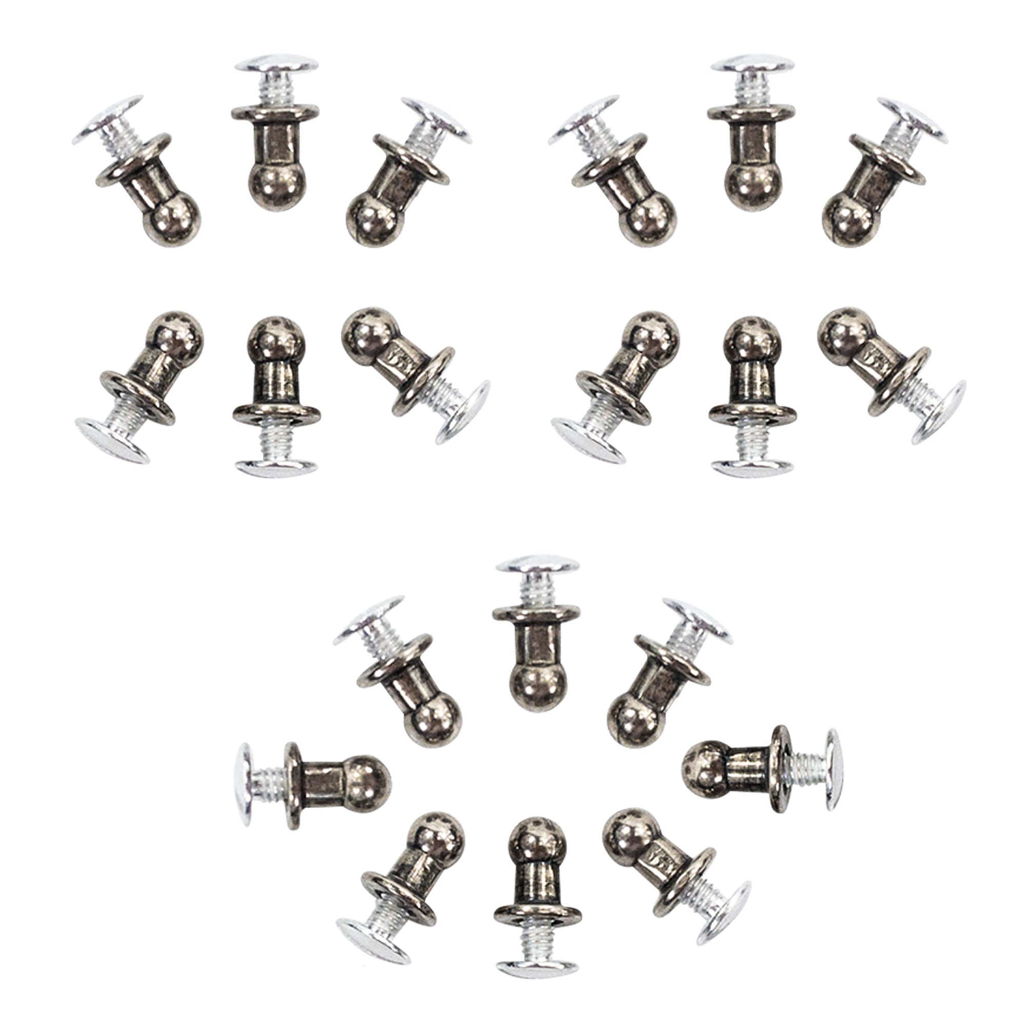 Artistic arrangement of Round Head Button Stud for Leather Crafts by Leather Handcraft Supply Depot, displaying various styles suitable for customization. Ideal for Tooling, Hobby & Workshop, crafted with care in La Antigua Guatemala and Oaxaca Mexico.