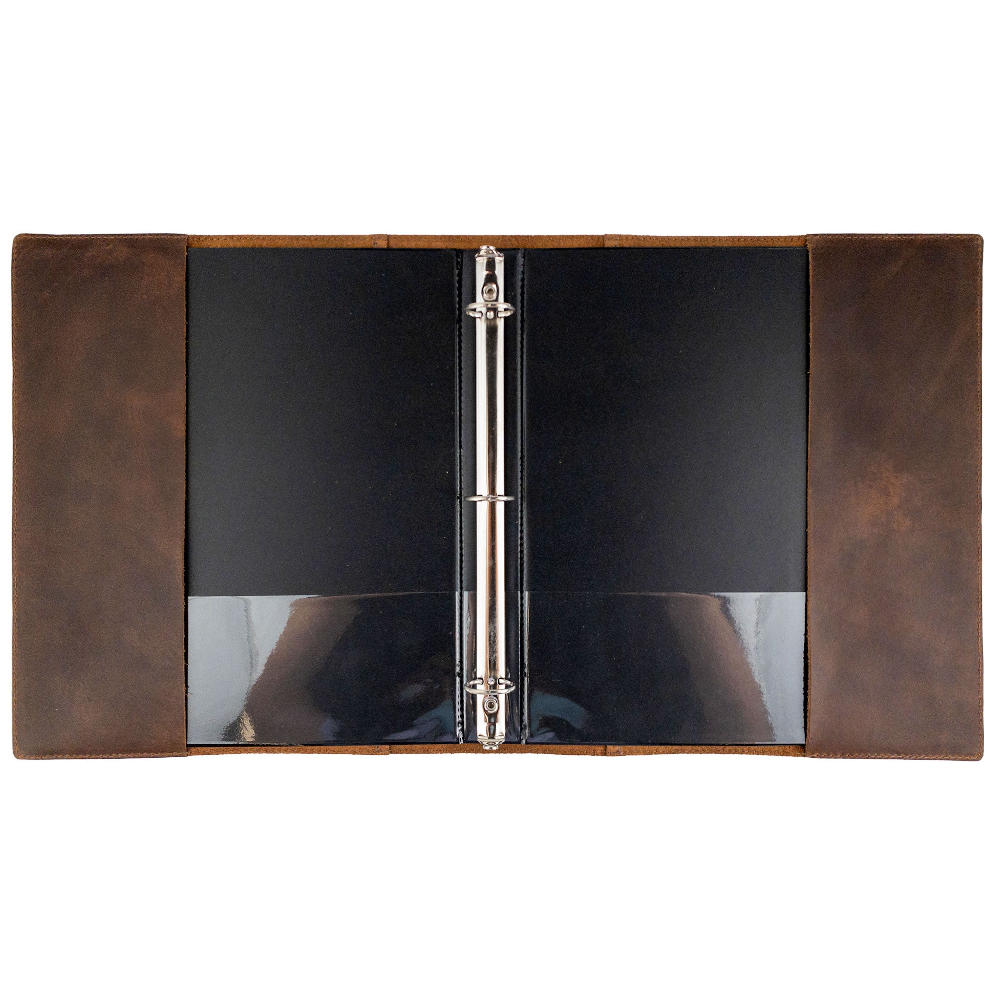 Inside view of a sophisticated binder cover by Leather Worx, designed for a sleek presentation. This elegant binder cover is perfect for office accessories and reflects minimalist style, crafted from high-quality full grain leather. Each piece embodies artisan handmade quality from La Antigua Guatemala, showcasing small batch production and fire branded detailing.