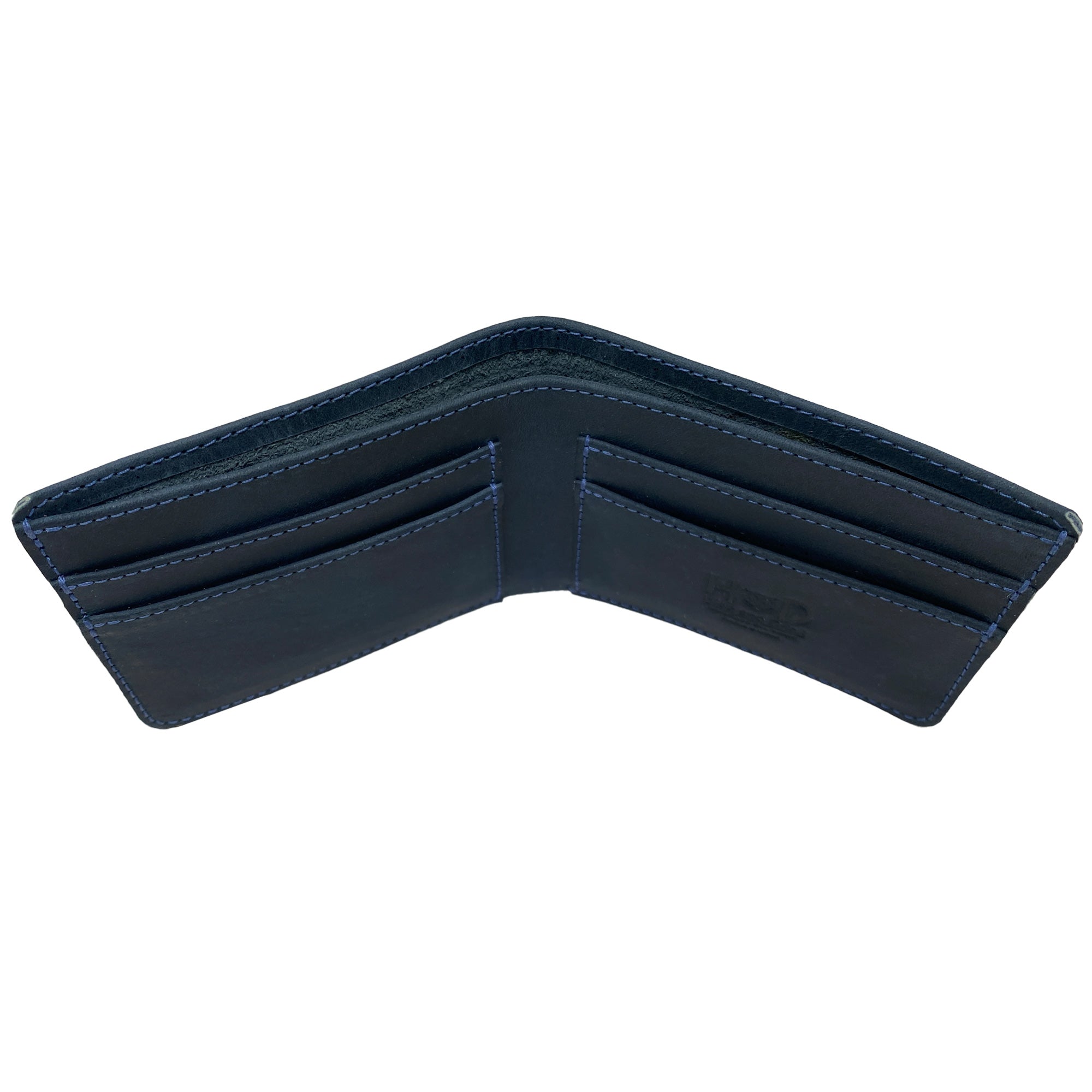 Inside of Hide & Drink's blue Bifold Wallet with card slots, demonstrating its space for essentials. This Slim Bifold Wallet is a classic billfold, perfect for storing cash and cards, making it a reliable travel accessory handcrafted from full grain leather in La Antigua Guatemala & Oaxaca Mexico.