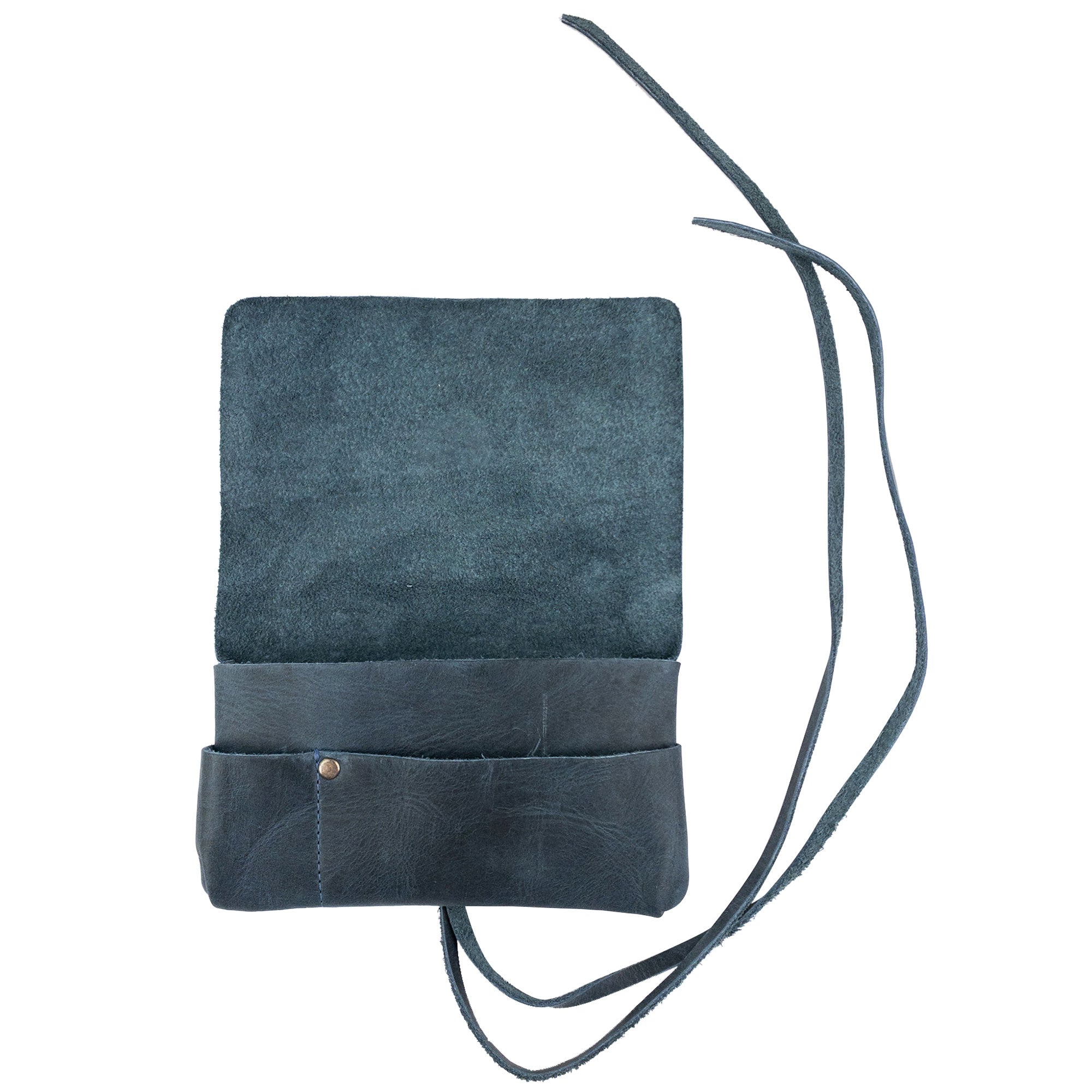 Open view of Hide & Drink's King Size Tobacco Pouch, designed for organized storage of tobacco accessories, made from premium full grain leather, exemplifying artisan craftsmanship in La Antigua Guatemala.