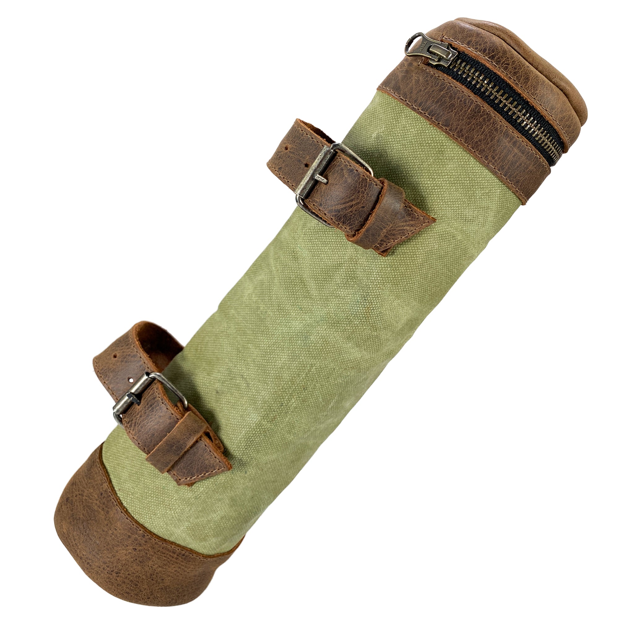 Detailed view of the Bicycle Tube from Hide & Drink, focusing on the secure straps and leather accents. This artisan-made Travel Storage solution is perfect for cyclists who enjoy quality and craftsmanship in their bike gear. Handmade in La Antigua Guatemala and Oaxaca Mexico.