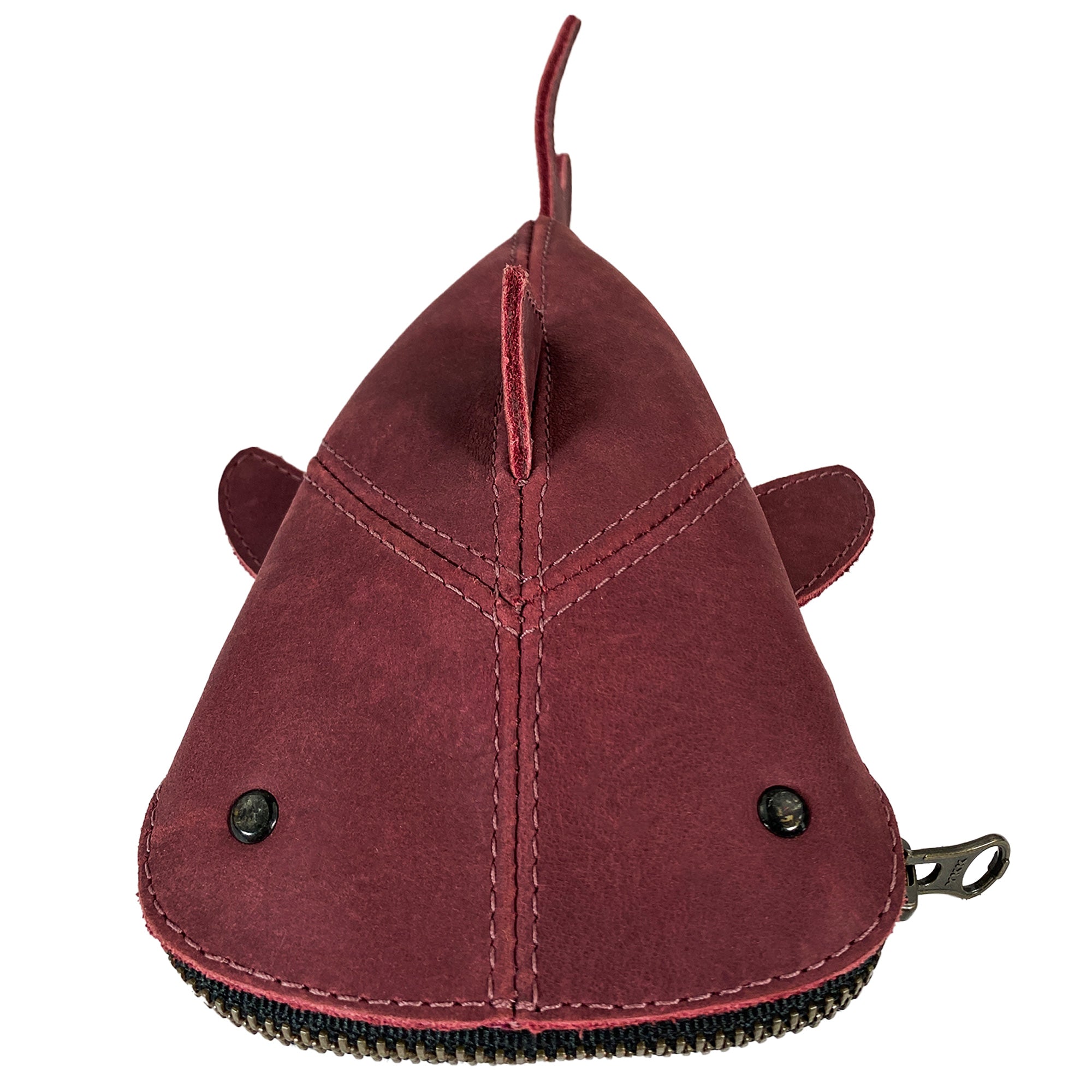 Front view of the red Leather Shark Pouch from Hide & Drink, accentuating its playful zippered mouth. This shark shaped case is ideal as a pencil purse or coin pouch, handmade from full grain leather in La Antigua Guatemala & Oaxaca Mexico, representing small batch artisan production.