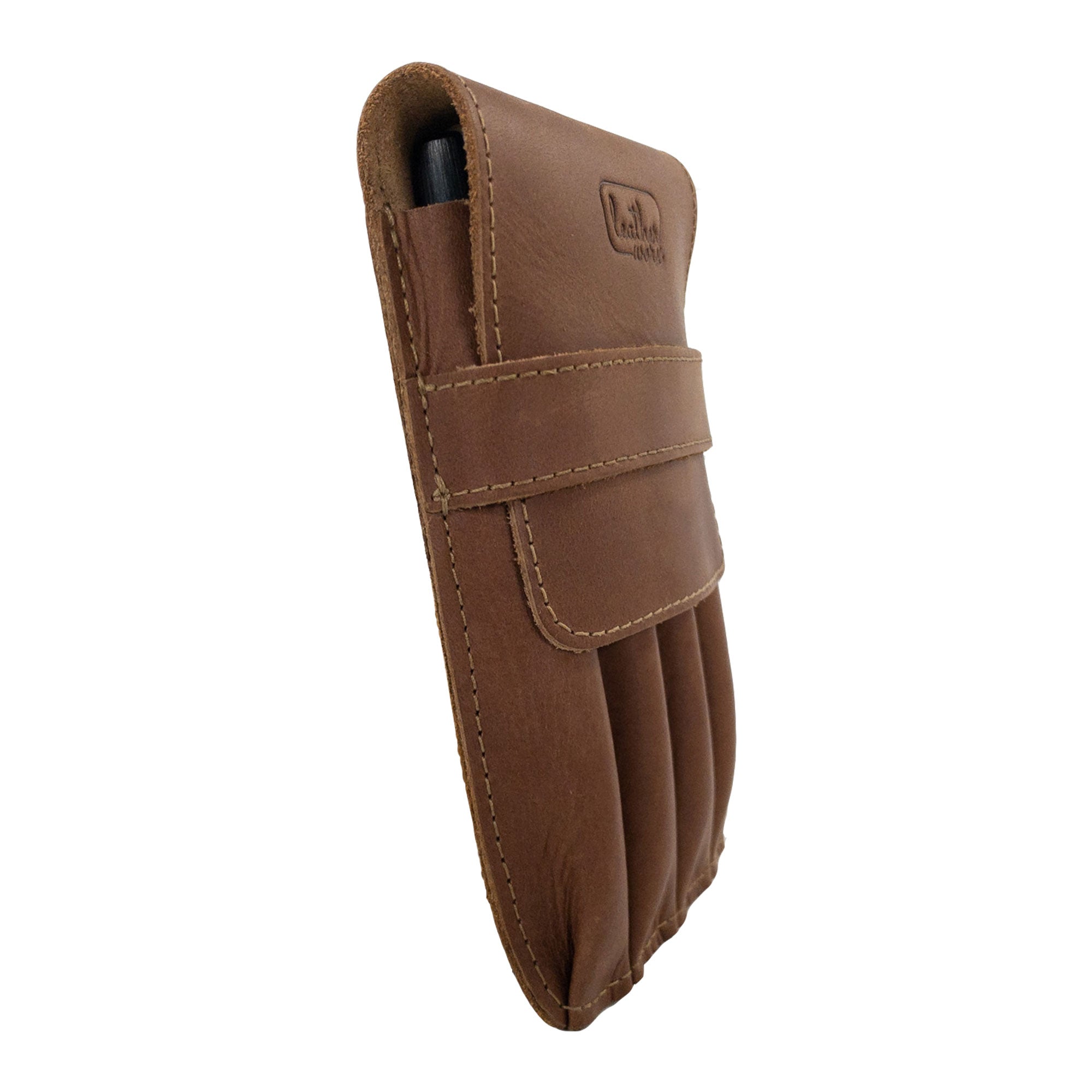 Inside view of the Leather Worx 4-Pen Holder in light brown leather displaying the plush lining and slots for writing instruments. This classic storage option embodies artisanal craftsmanship, featuring small batch production and meticulous hand sewn quality from La Antigua Guatemala.