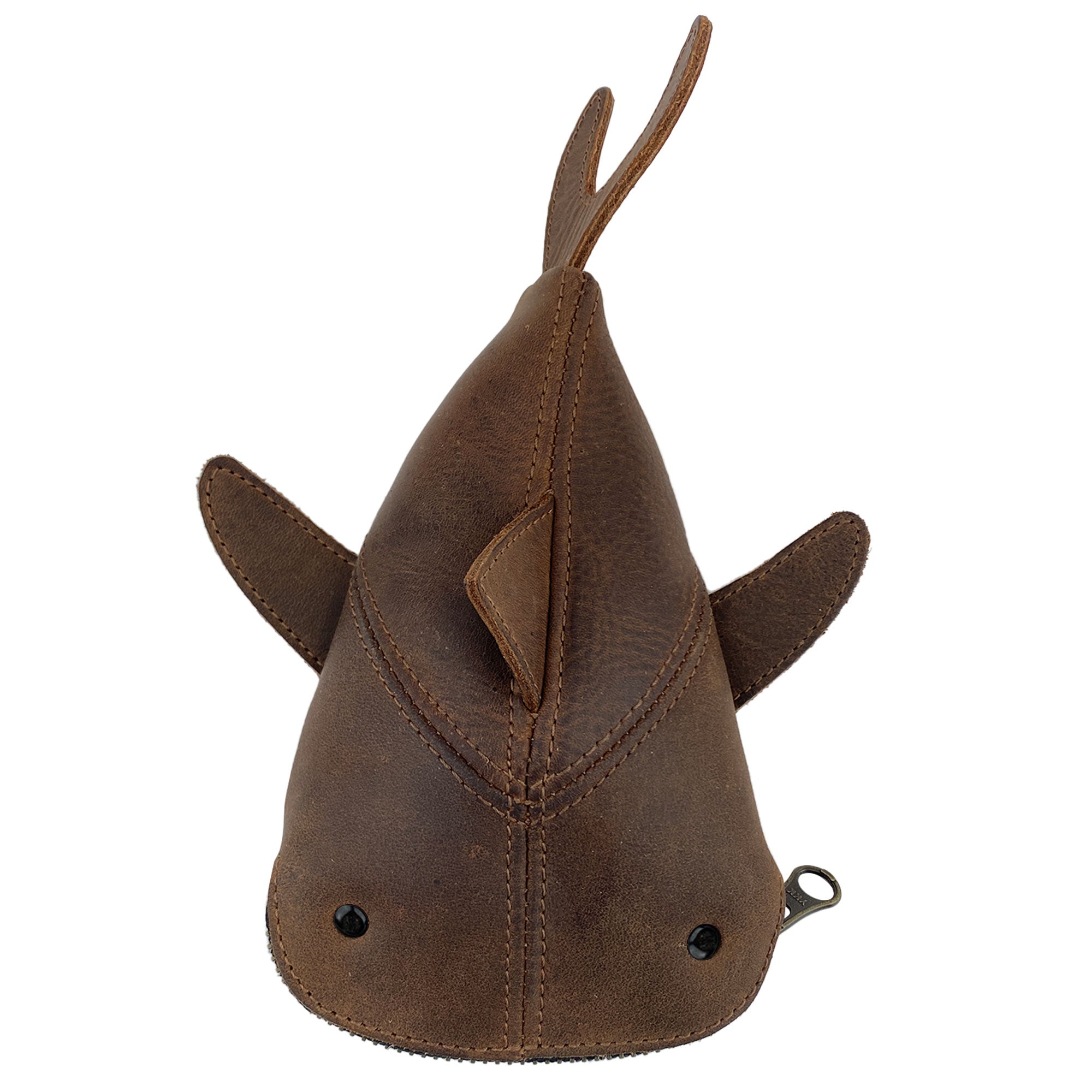 The brown Leather Shark Pouch by Hide & Drink, showcasing its distinctive zippered opening. This charming shark shaped case serves well as a pencil purse or zippered coin pouch, handmade from durable full grain leather in La Antigua Guatemala & Oaxaca Mexico, upholding traditions of artisan craftsmanship and small batch production.