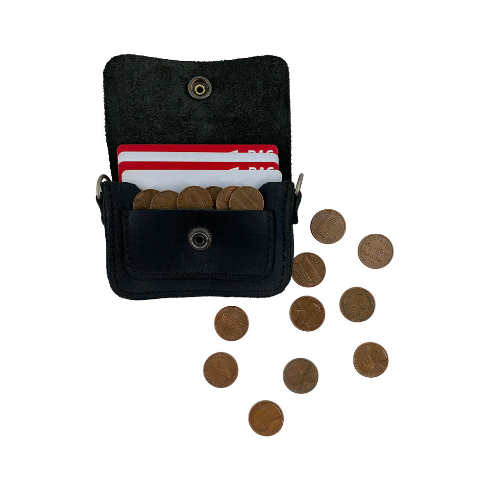 Dimensions of Hide & Drink's Card Holder Briefcase Style next to a credit card, highlighting the design of the Mini Briefcase Card Holder made from Full Grain Leather. This handmade cash organizer holds up to 10 cards and folded bills, demonstrating the quality of artisanal production.