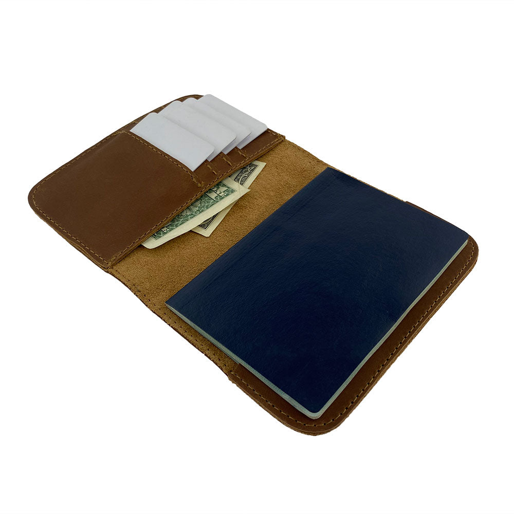 Illustration of the interior layout of the Hide & Drink Travel Wallet, showing efficiency and style. This travel wallet is a bifold passport case, crafted from high-quality leather, designed in La Antigua Guatemala.