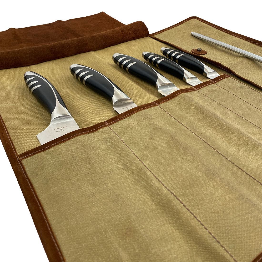 Hide & Drink Knife Roll (5 Pockets) exhibited in its full glory, made from fine Full Grain Leather. This Chef Knife Bag is a practical portable carrying case for knives, showcasing artisan craftsmanship through small batch production and careful hand cut and hand sewn craftsmanship.