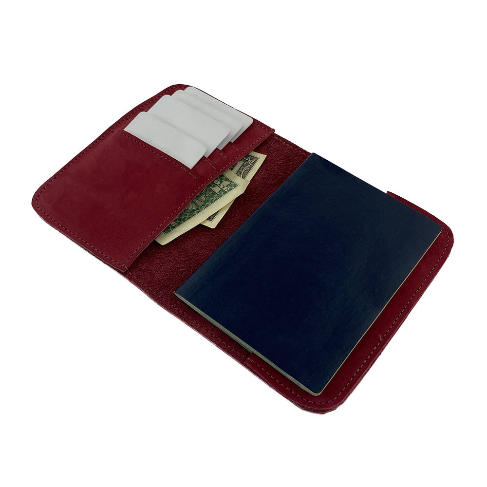 Inside view of the Hide & Drink Travel Wallet showcasing functional card slots. This sophisticated travel wallet serves as a bifold passport case, artisan-handmade in La Antigua Guatemala.