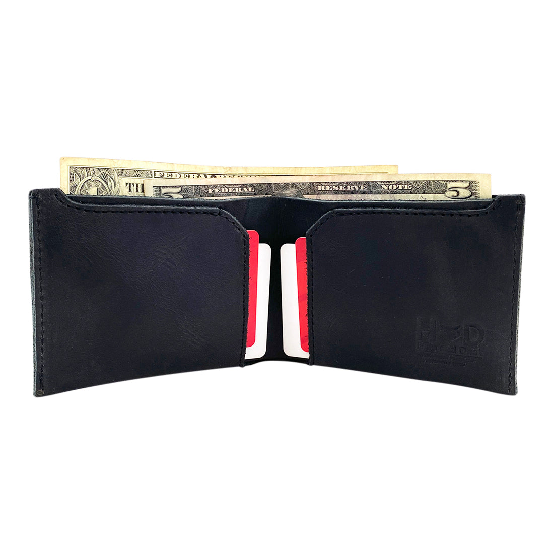 Measuring dimensions of the black Hide & Drink Classic Wallet, showcasing its perfect size for pockets and bags. Classic Wallet, Card Organizer, Money Holder, Vintage Pocket, Travel Accessories, Full Grain Leather, StockyardX, Small Batch Production, Hand Cut, Hand Sewn, Fire Branded, Artisan, Handmade in La Antigua Guatemala & Oaxaca Mexico.
