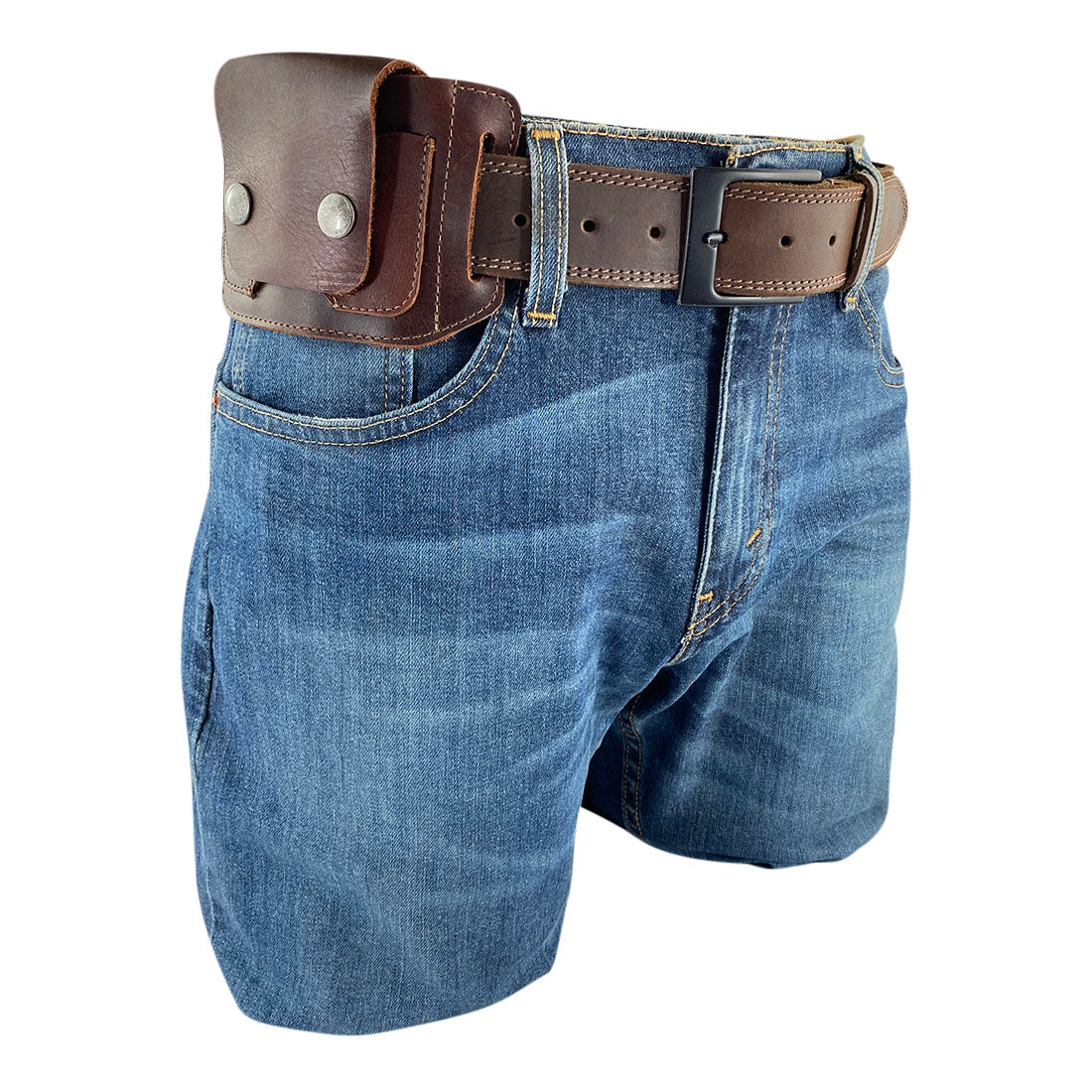 Hide & Drink Tactical Card Holder styled on a pair of shorts, illustrating its convenience and functionality for everyday use. Made of premium full grain leather, this card holder offers secure card storage while remaining lightweight. The product highlights small batch production artistry, featuring hand cut and hand sewn elements, and fire branding. Artisan produced in La Antigua Guatemala & Oaxaca Mexico.