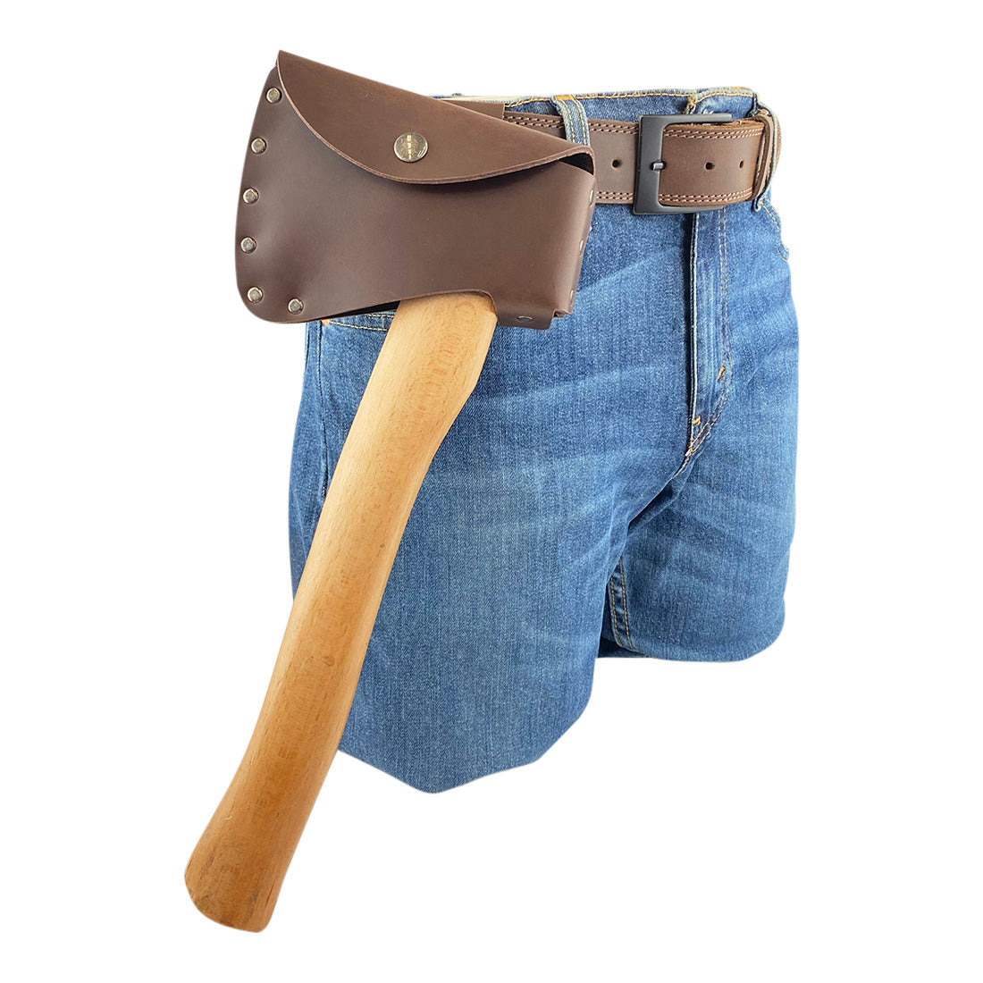 Axe Head Sheath by Valhalla Gear attached to a belt, showcasing its practical design and full grain leather craftsmanship perfect for lumberjacks and outdoor enthusiasts. Axe Head Sheath - Protector Case Cover, Hatchet Blade Safety Sleeve, Camping Accessory, Lumberjack Outdoors Work Essentials, Full Grain Leather, StockyardX, Small Batch Production, Hand Cut, Hand Sewn, Fire Branded, Artisan, Handmade in La Antigua Guatemala & Oaxaca Mexico.